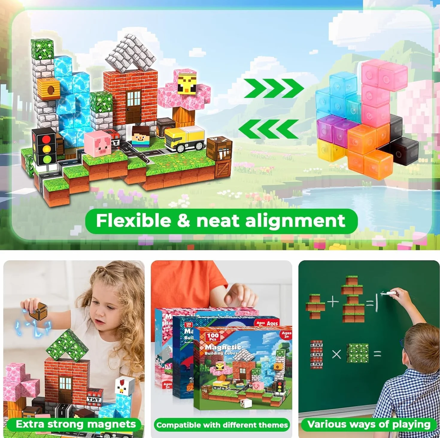 GraceDuck Bloc Construction Magnétique 100 Pièces Prairies et Routes Jouet Montessori Enfant 3-9 Ans