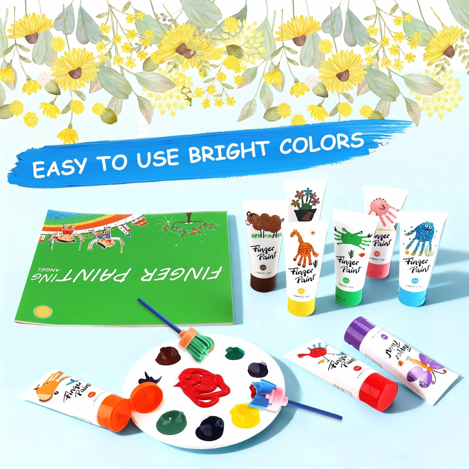 USHOP Kit Peinture au Doigt Lavable Enfants 51Pcs Non Toxique 12 Couleurs avec Pinceaux Palette Tablier