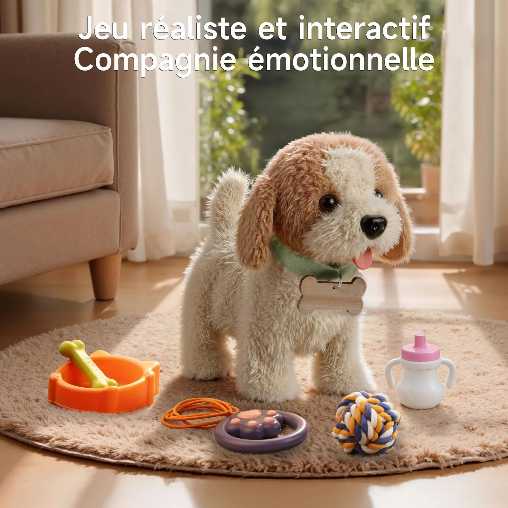 Jouets pour Chien Interactifs Réalistes pour Enfants, Marche et Aboie en Laisse, Peluche électronique pour 3-7 Ans