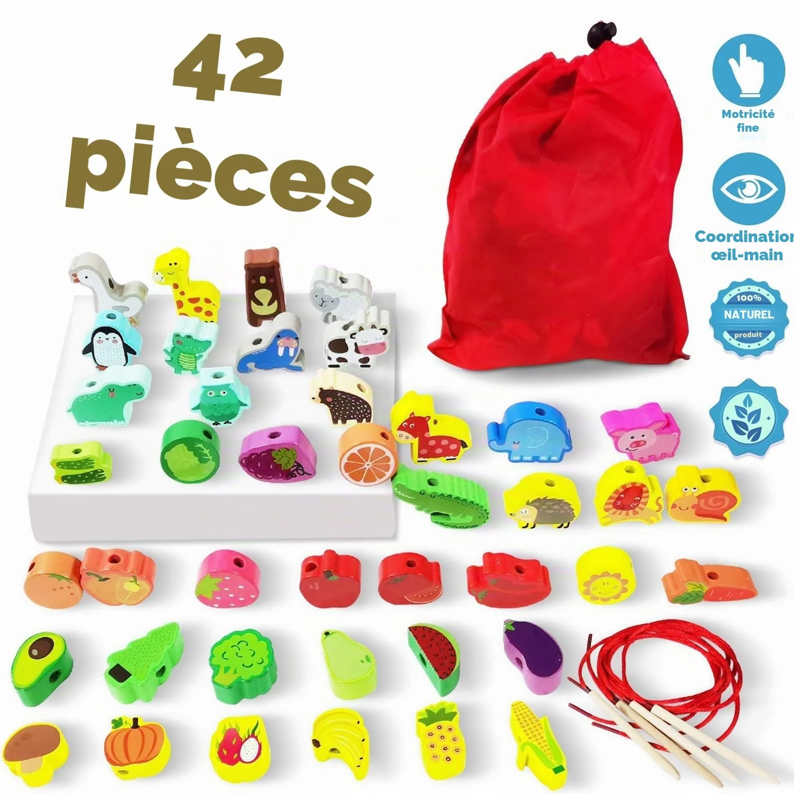 Perles en Bois à Enfiler Jouet 42 Pièces Animaux Fruits Montessori Éducatif Enfant Cadeau Garçons Filles 2-4 Ans