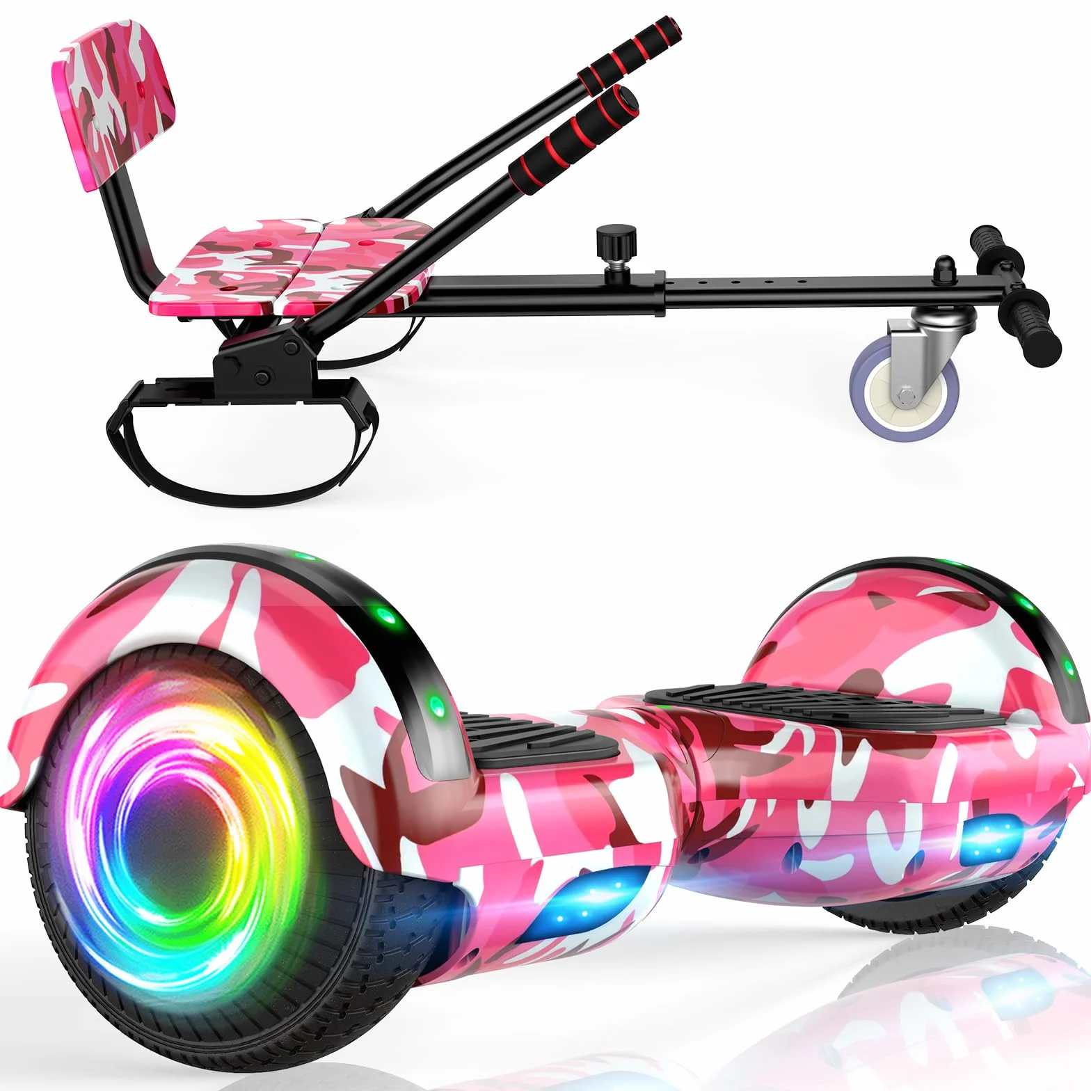 SISIGAD Hoverboard Go Kart Combo, Hoverboards avec siège, 6.5 inch Self Balancing Scooter with Bluetooth LED Lights, Go Karts Hover Board for Kids