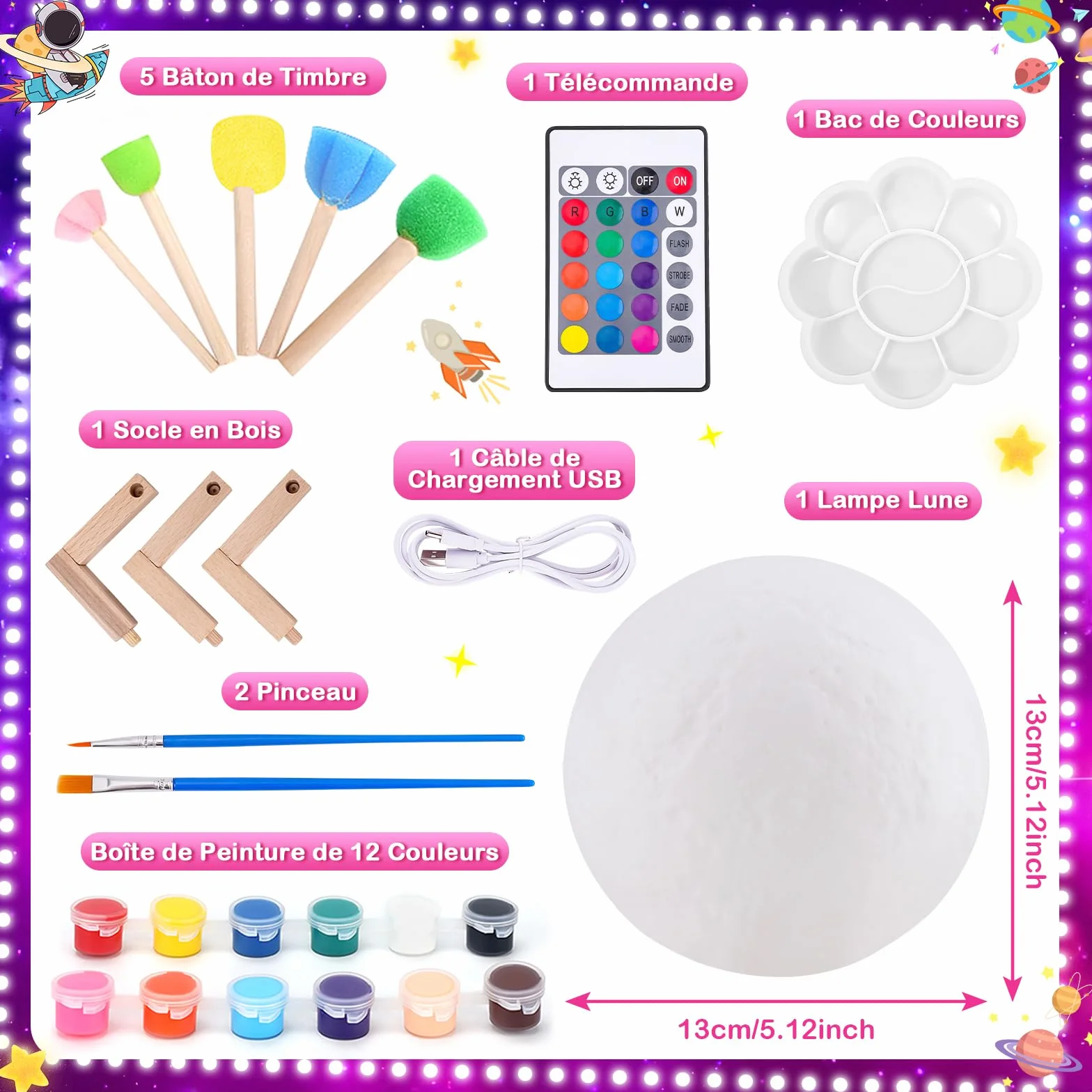 Kit de Peinture Lampe Lune Veilleuse Cadeau Anniversaire Fille Garcon 3-12 Ans