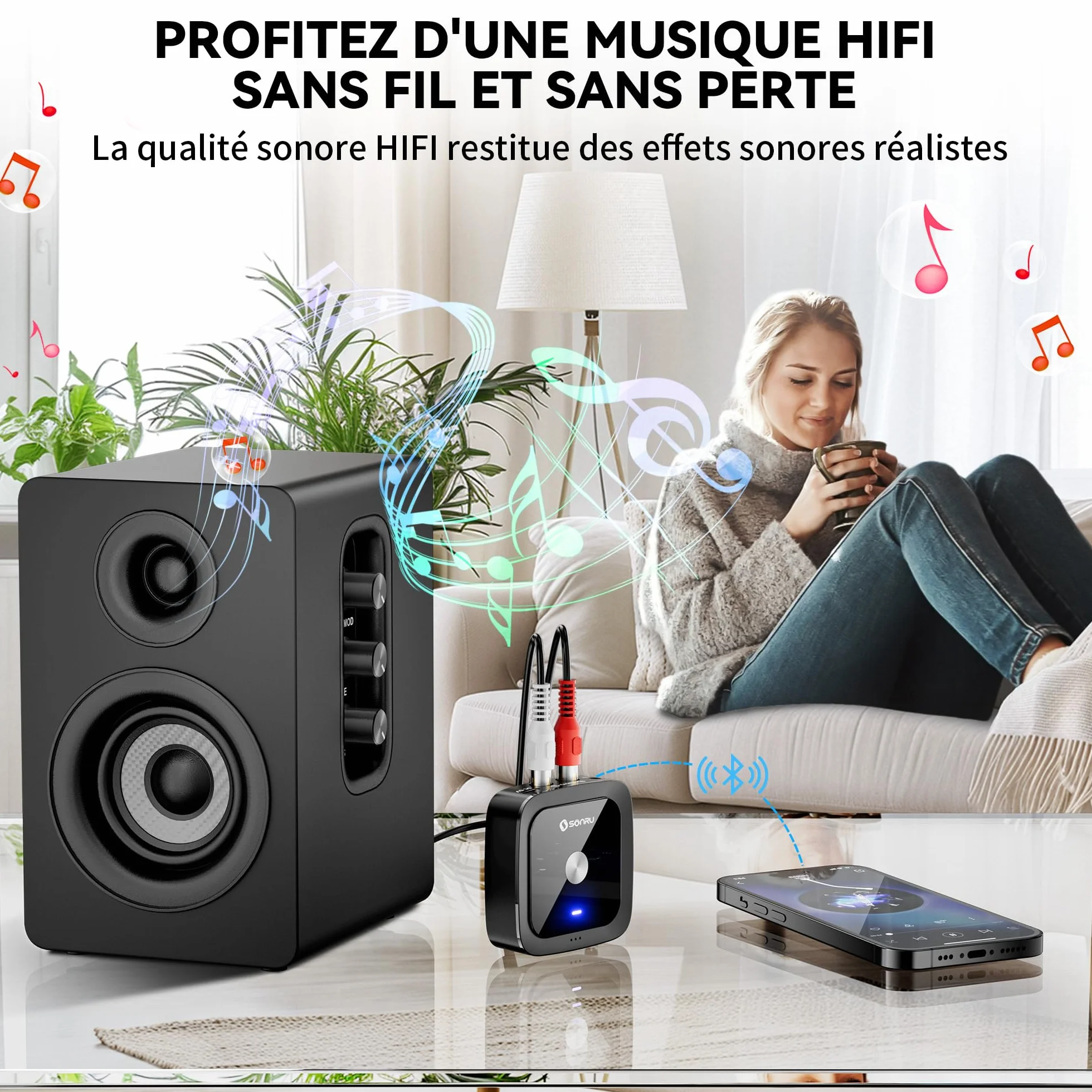 SONRU Récepteur Bluetooth 6.0 Jack Adaptateur RCA pour Chaîne Hi-Fi Voiture 2RCA 3.5mm