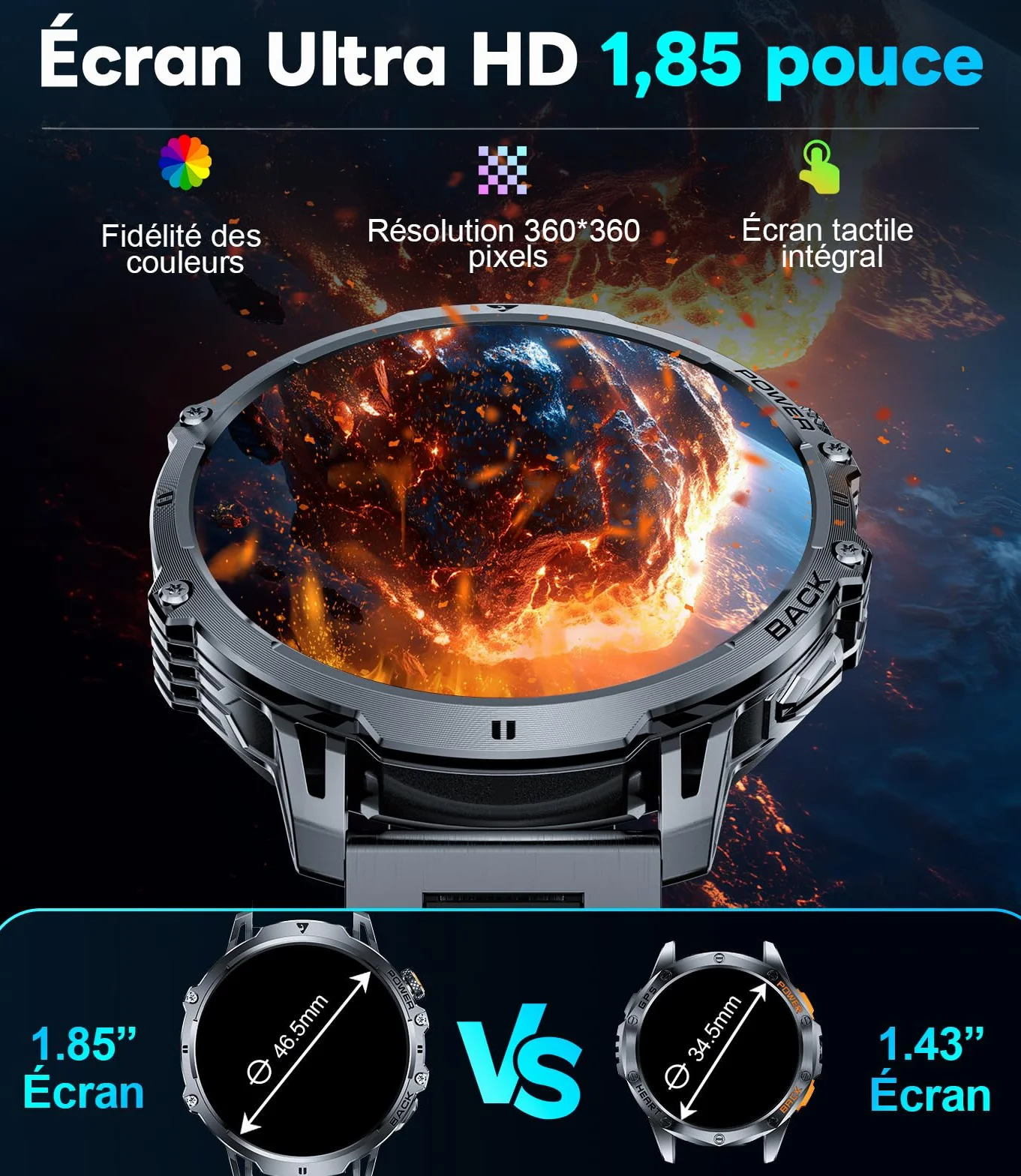 LIGE Montre Connectée Homme 1,85" HD Grand Écran LED Lampe Smartwatch Moniteur Fréquence Cardiaque Sommeil 110+ Modes Sportifs IP68 Étanche Noir