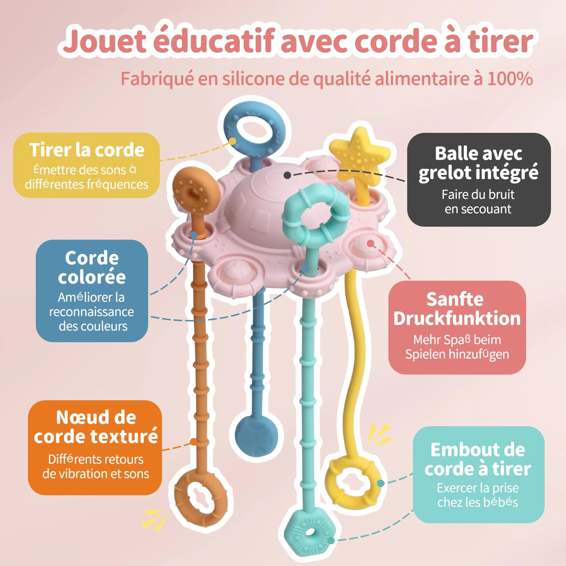 Jouet Montessori Motricité Fine Silicone Alimentaire Hochet Facile Nettoyer Poudré