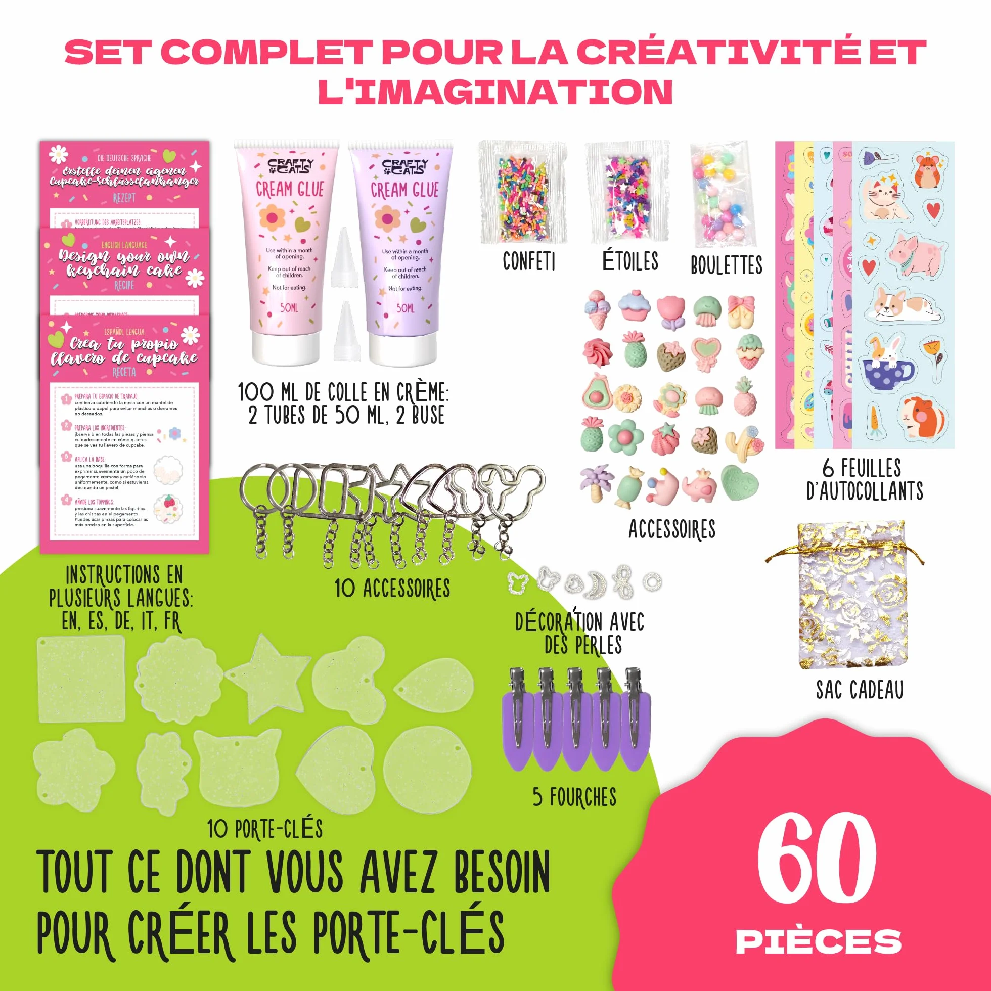 CRAFTY CATS DIY Kit Porte-clés Cupcake et Barrettes 60 pièces, colle crème, charms, anneaux, kits loisirs créatifs enfants