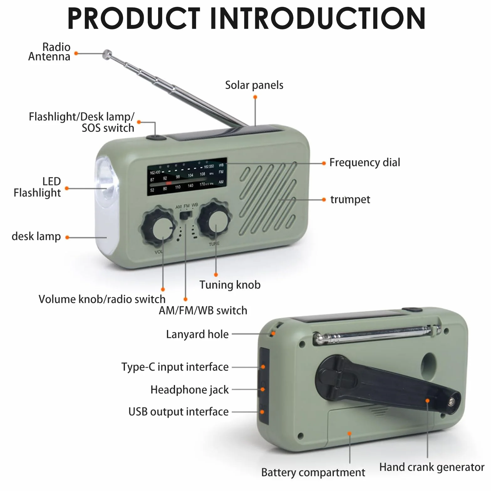 Radio Solaire d'Urgence AM/FM/WB Portable avec Batterie 2000mAh, LED, SOS, Recharge Téléphone