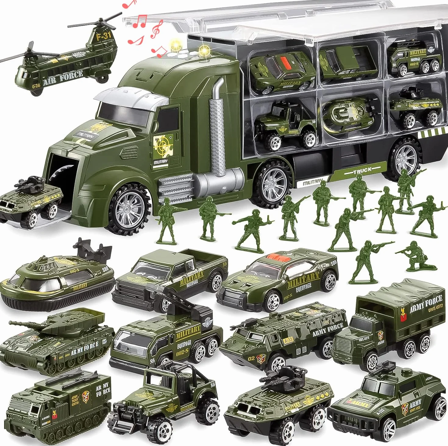 JOYIN 25 en 1 Camion Militaire Moulage sous Pression Véhicule de l'armée avec lumières et Sons, Cadeau pour garçons 3+ (Vert)