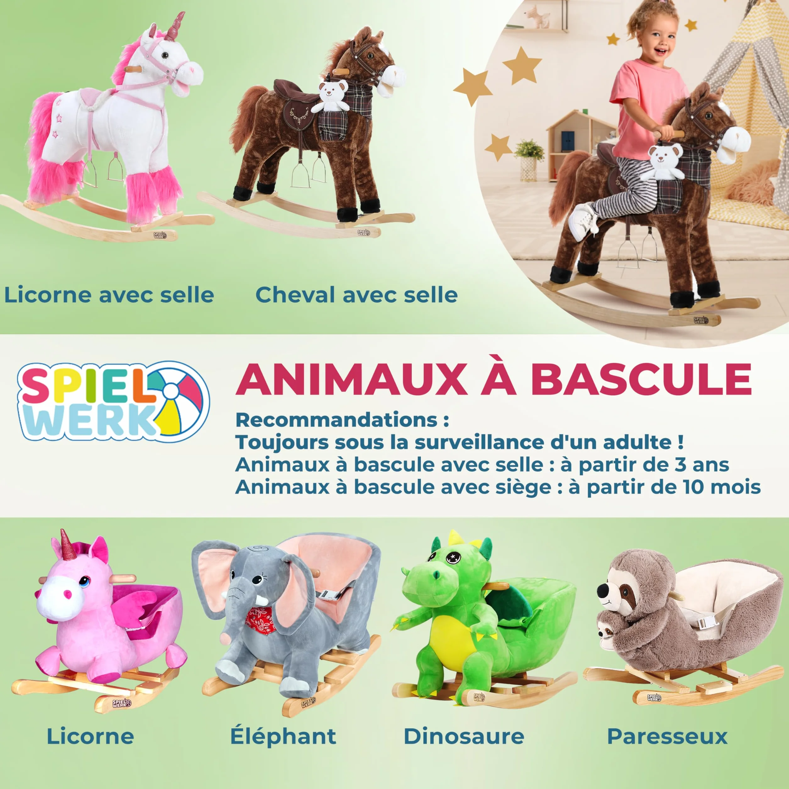 SPIELWERK® Paresseux à Bascule Animal en Peluche avec Ceinture Sécurité et Fonction Sonore