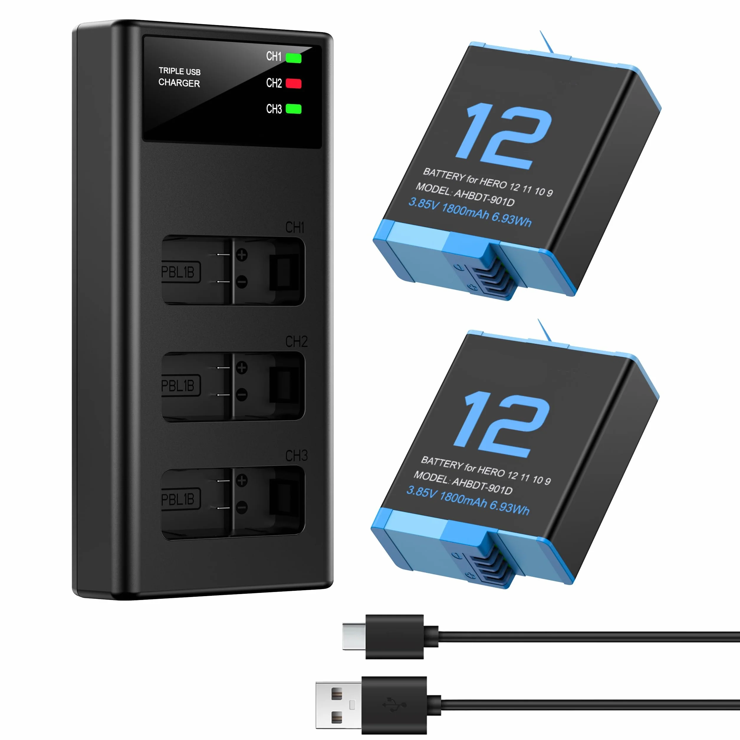 ENEGON Triple Chargeur Kit 2 Batteries Lithium-ION pour Hero 12/11/10/9 Noir