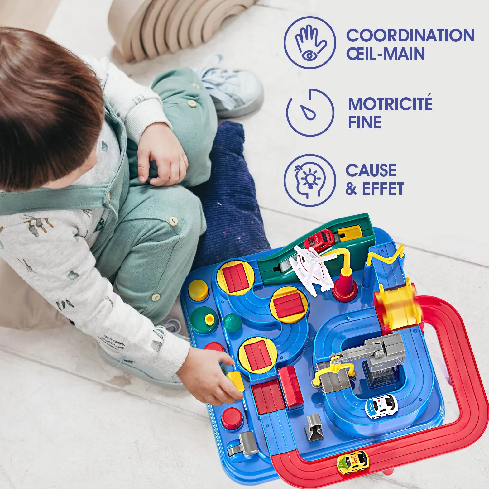 hahaland Circuit Voiture Jouet pour Enfant 3 4 5 Ans - Piste de Voiture avec Hélicoptère et Bus, Jouet Éducatif Interactif, Cadeau Garçon Fille 3-6 Ans
