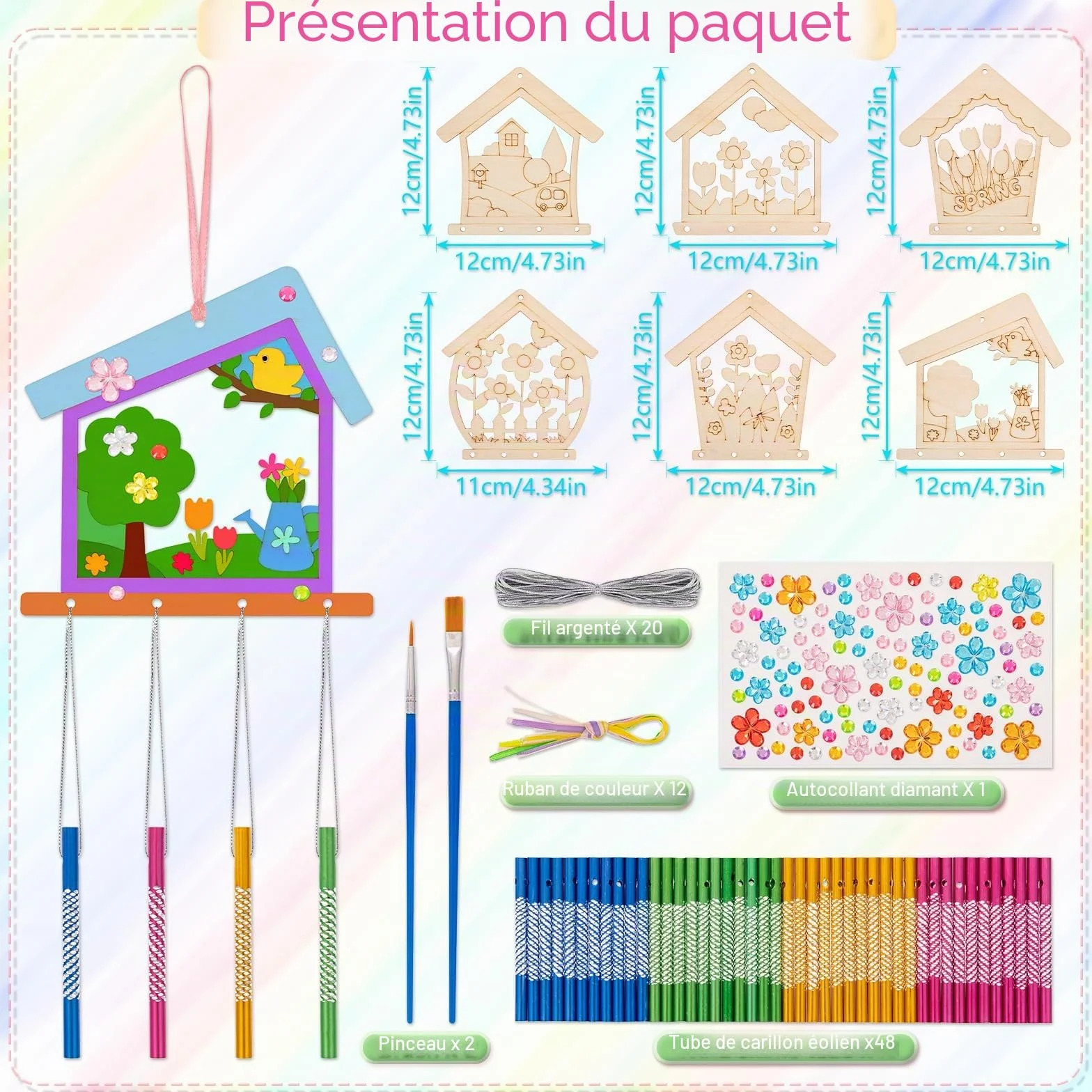 Lot de 12 carillons à vent en bois pour enfants, décoration jardin intérieur extérieur