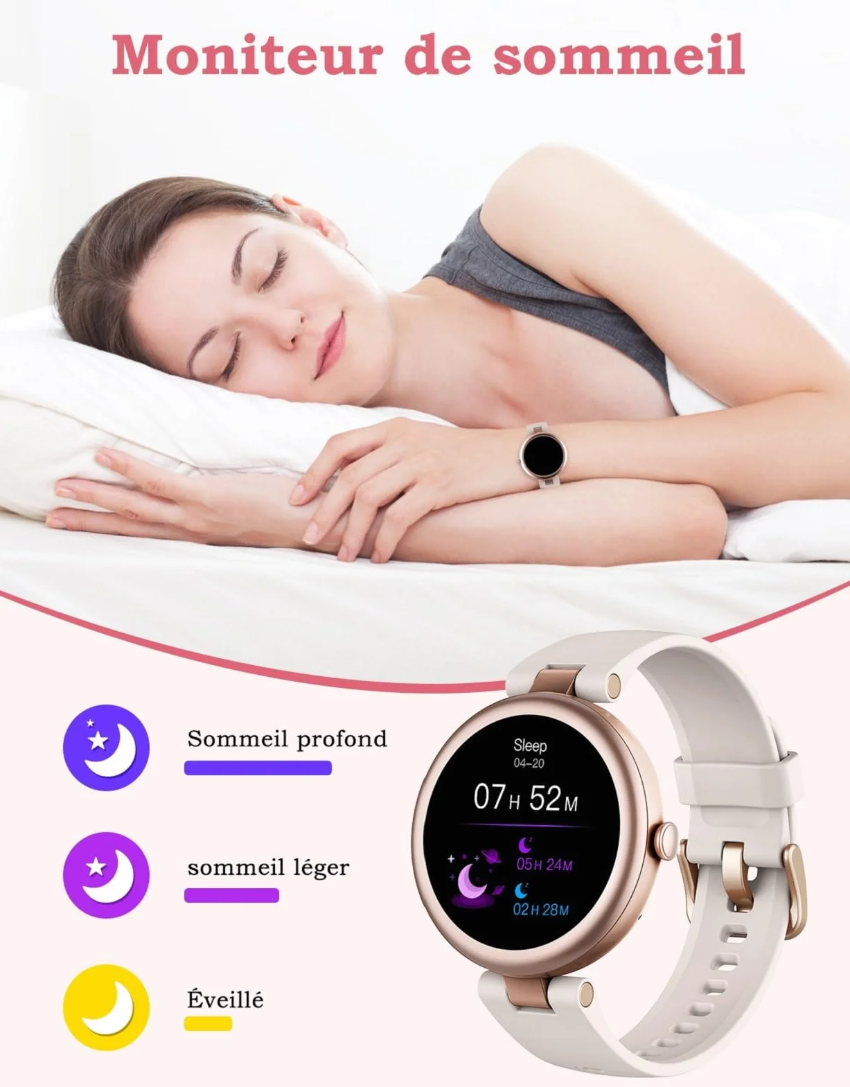 Montre Connectée Femme Ronde Petite Smartwatch avec Appel Bluetooth Cardiofrequencemetre Oxymetre IP68 pour Android iOS