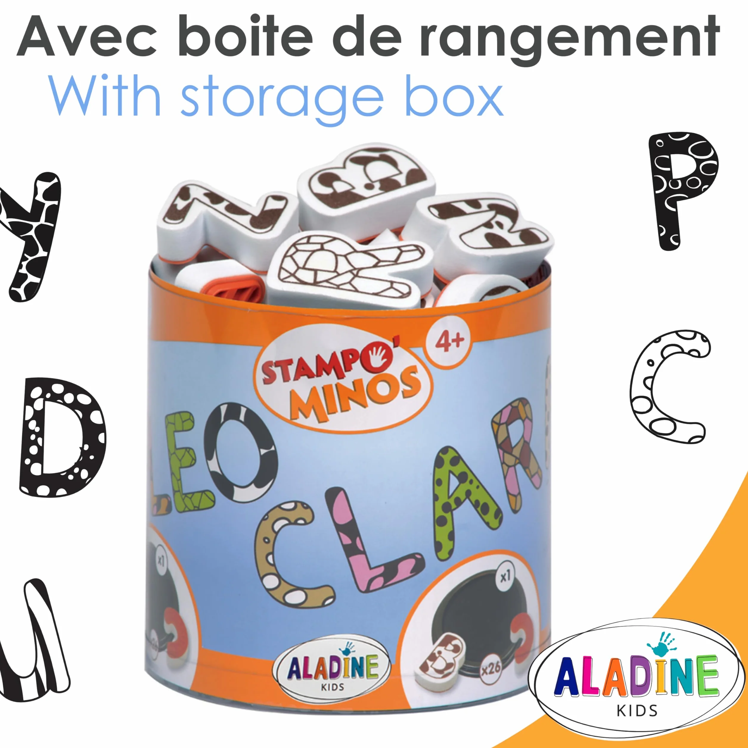 Aladine Stampominos 26 Tampons Lettres Alphabet avec Encreur Encre Lavable pour Enfant dès 4 Ans