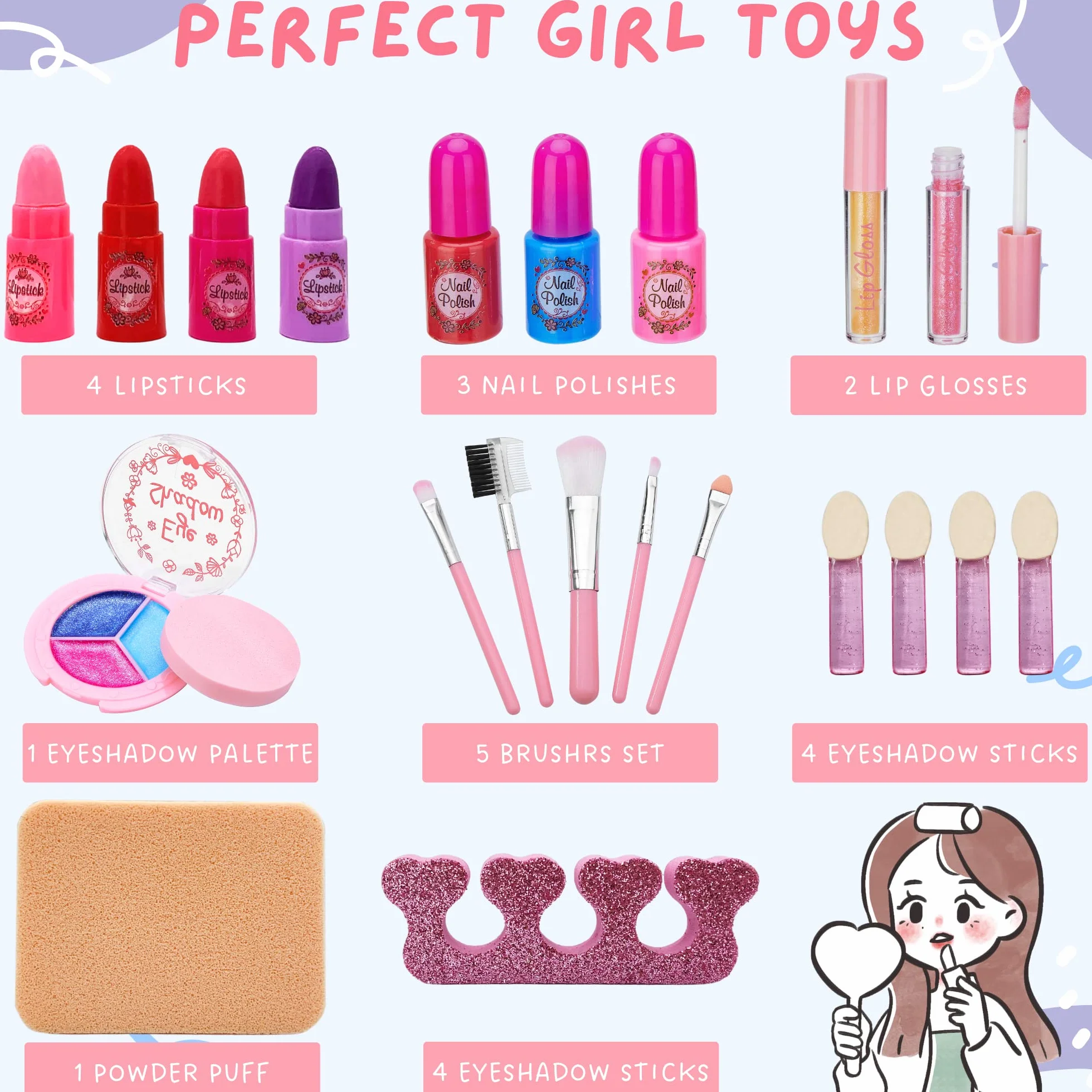 Lubibi Ensemble de Maquillage Lavable pour Enfants avec Coffret, Kit de Cosmétiques Réels, Jouet Cadeau Anniversaire Noël pour Filles 3-8 Ans