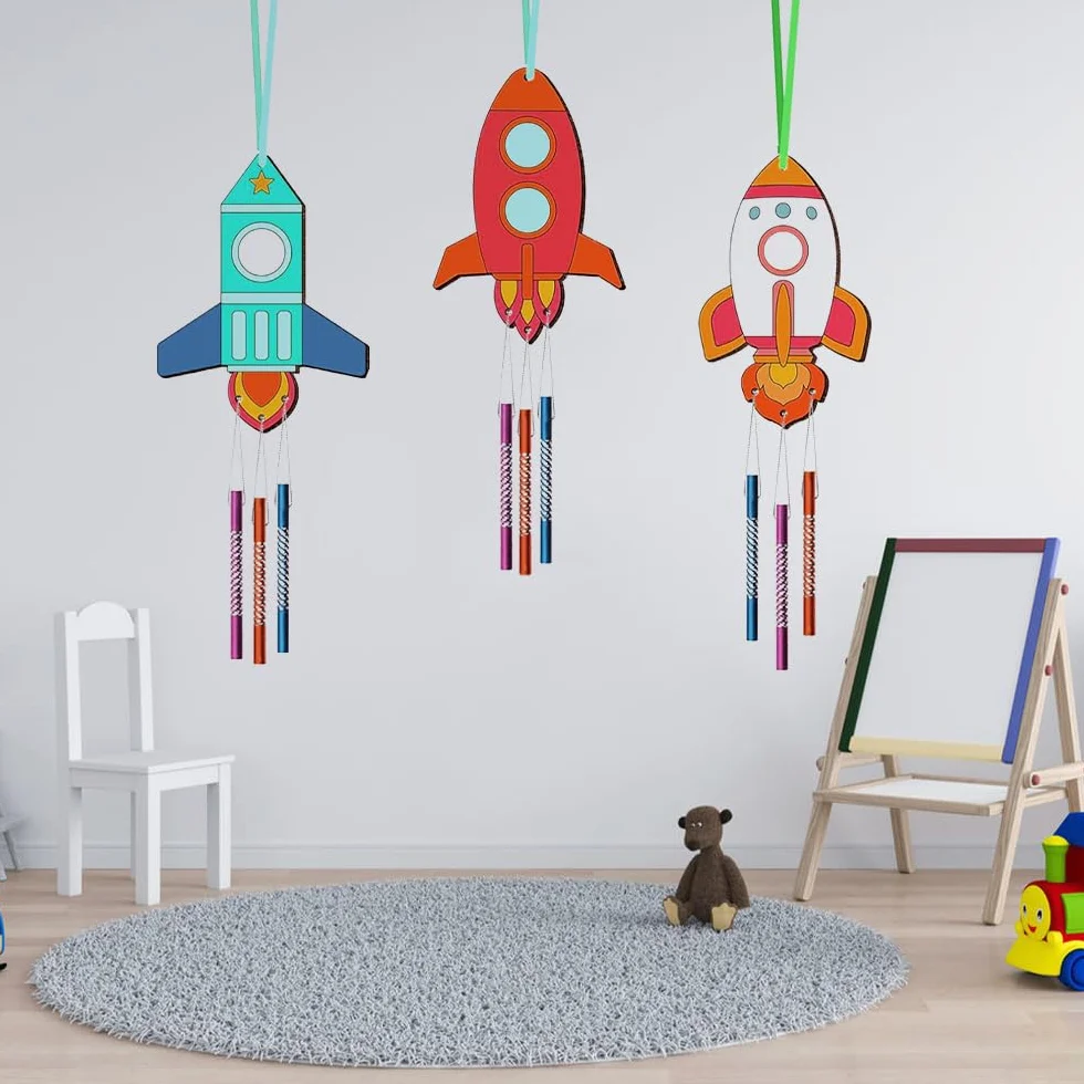 Fusée Enfant Carillon à Vent Extérieur, Kits Bricolage Fusée en Bois Anniversaire, Décoratifs Artisanat pour Filles Garçon Halloween