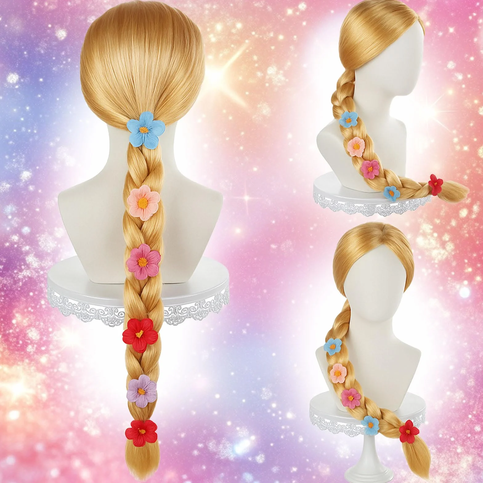 Perruque Princesse Fille, Perruque Rapunzel Blonde Tresse, Décoration Fleur Tie-Dye Costume Halloween