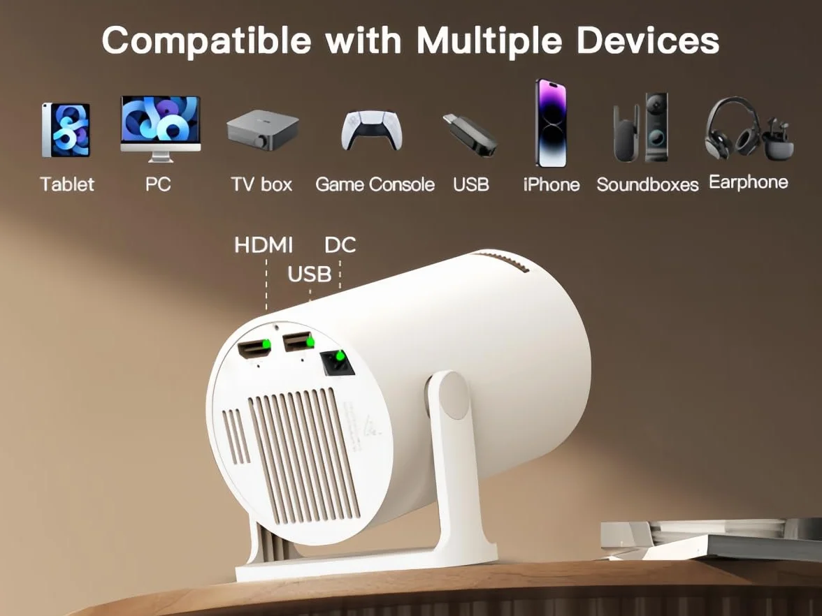 Vidéoprojecteur Wi-Fi 6 Bluetooth 5.4 4K Full HD Android 14 Auto Keystone Projecteur HDMI iPhone USB Blanc