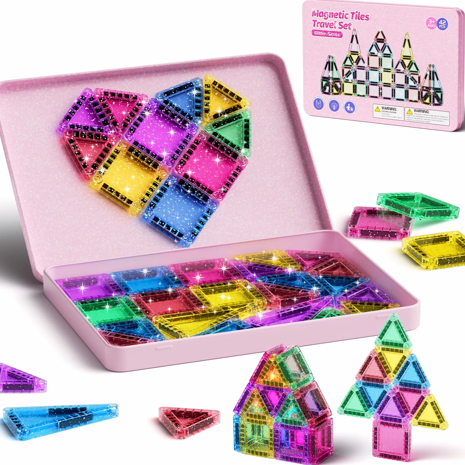 Lot de 42pcs Magnétiques de Voyage à Paillettes Jouet de Voyage pour Enfants Blocs de Construction Magnétiques Cadeau pour Fille