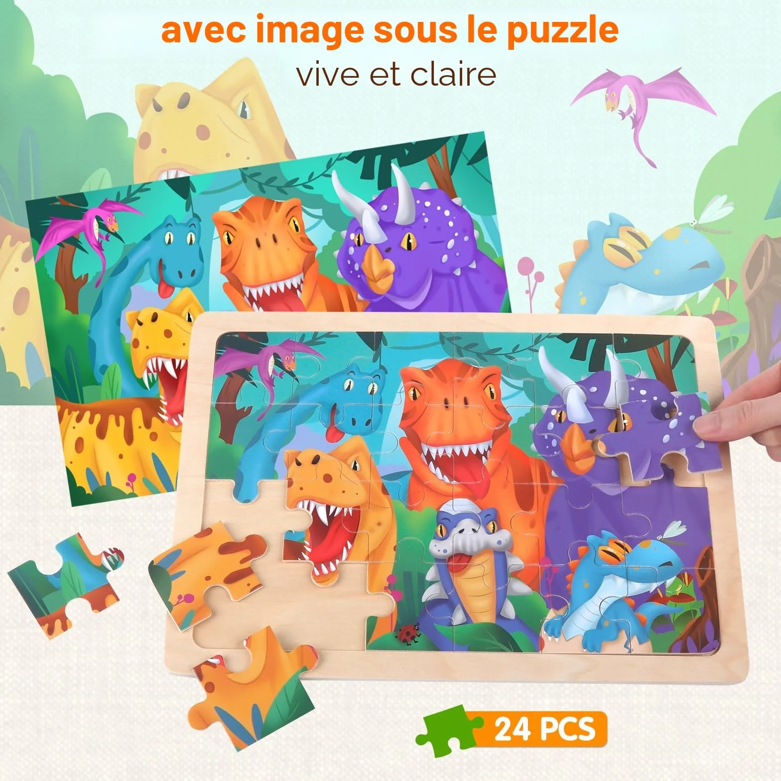 Puzzle en Bois Enfant 3 4 5 Ans Lot de 4x24 Pièces Jeu Montessori Éducatif Dinosaure Ferme Animaux