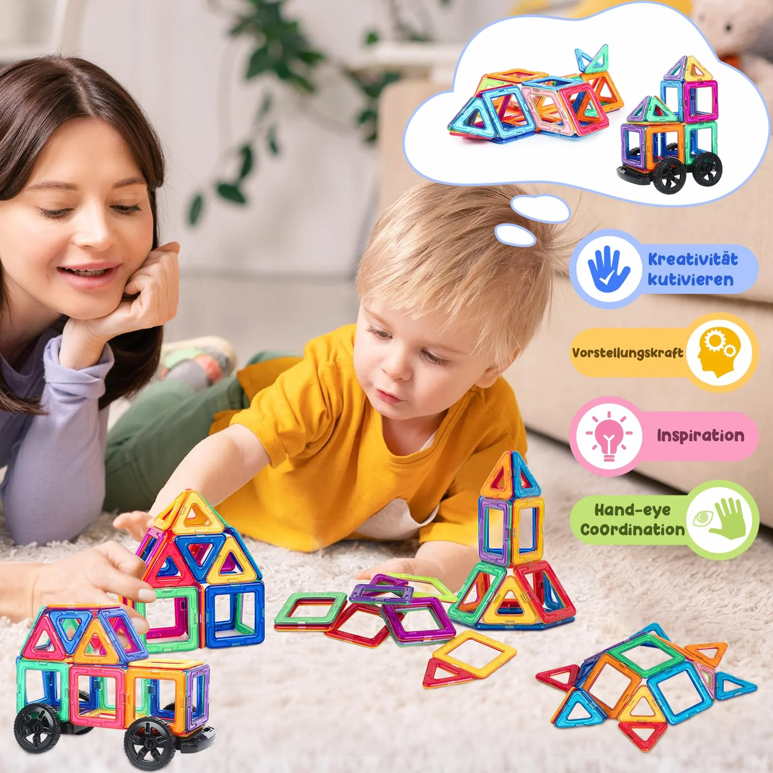 Blocs de Construction Magnétiques 122 Pièces 3D Jouets Éducatifs pour Enfants 3-7 Ans
