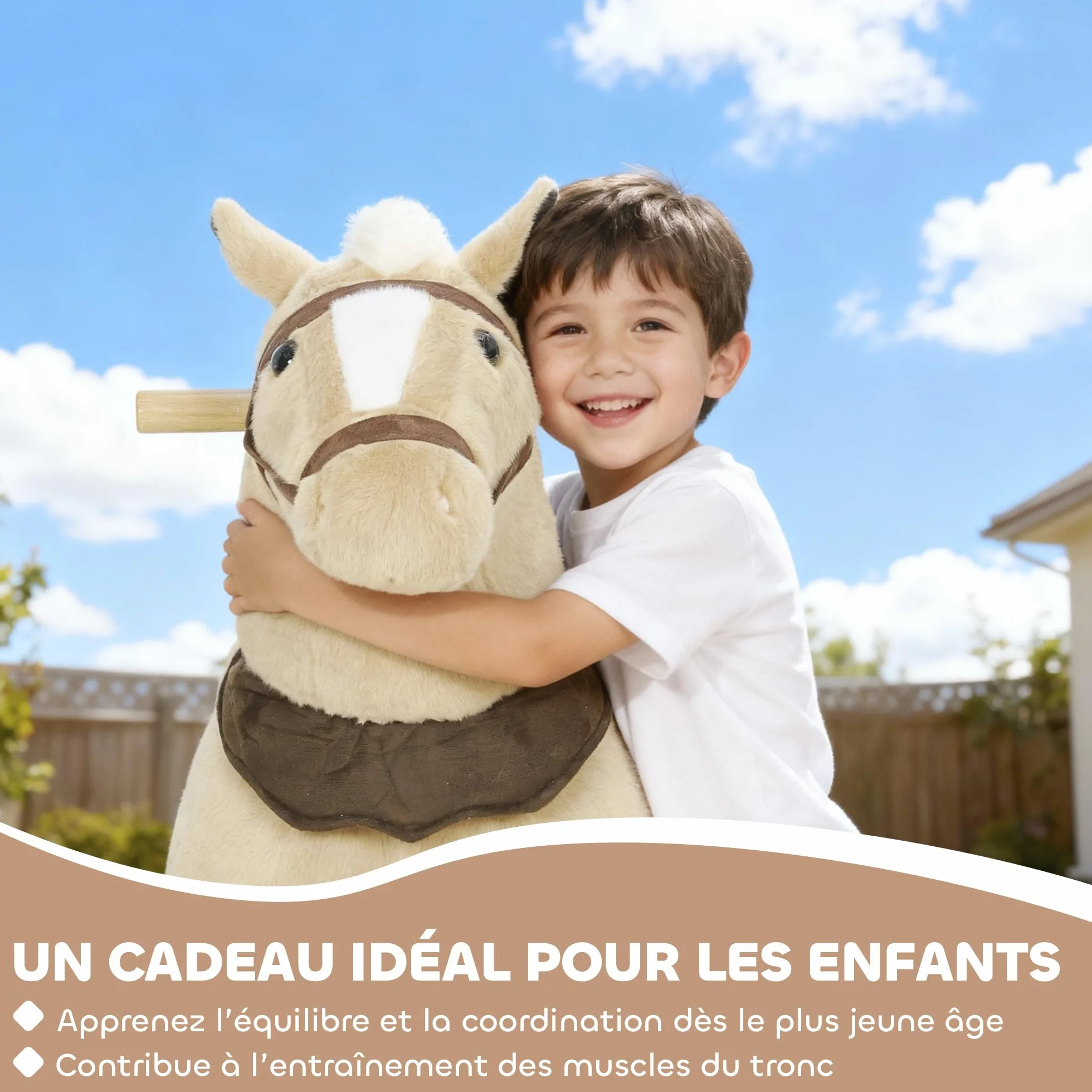 AIYAPLAY Cheval à Bascule en Peluche sur roulettes, avec Selle et Harnais, pour Enfant 3-5 Ans, Charge Max 25 kg, Marron