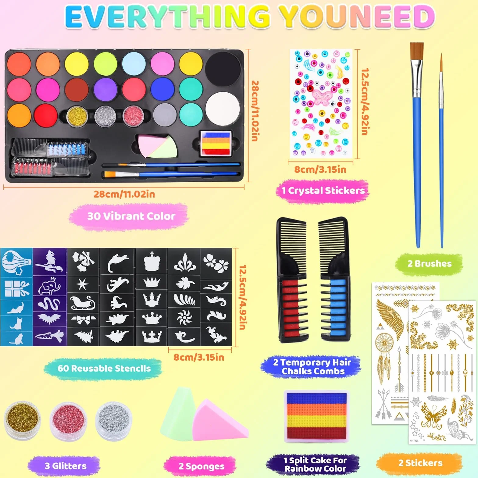 Peinture Corporelle Visage 20 Couleurs Palette Maquillage Enfants avec 2 Pinceaux 60 Pochoirs Halloween Noël Carnaval