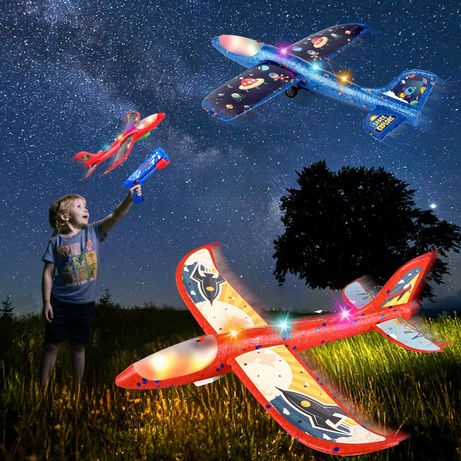 Avion Polystyrene Planeur avec Pistolet Catapulte, 3 Pièces Jouet Volant LED Enfant Exterieur Intérieur Cadeau Garçon Fille 3-10+ Ans