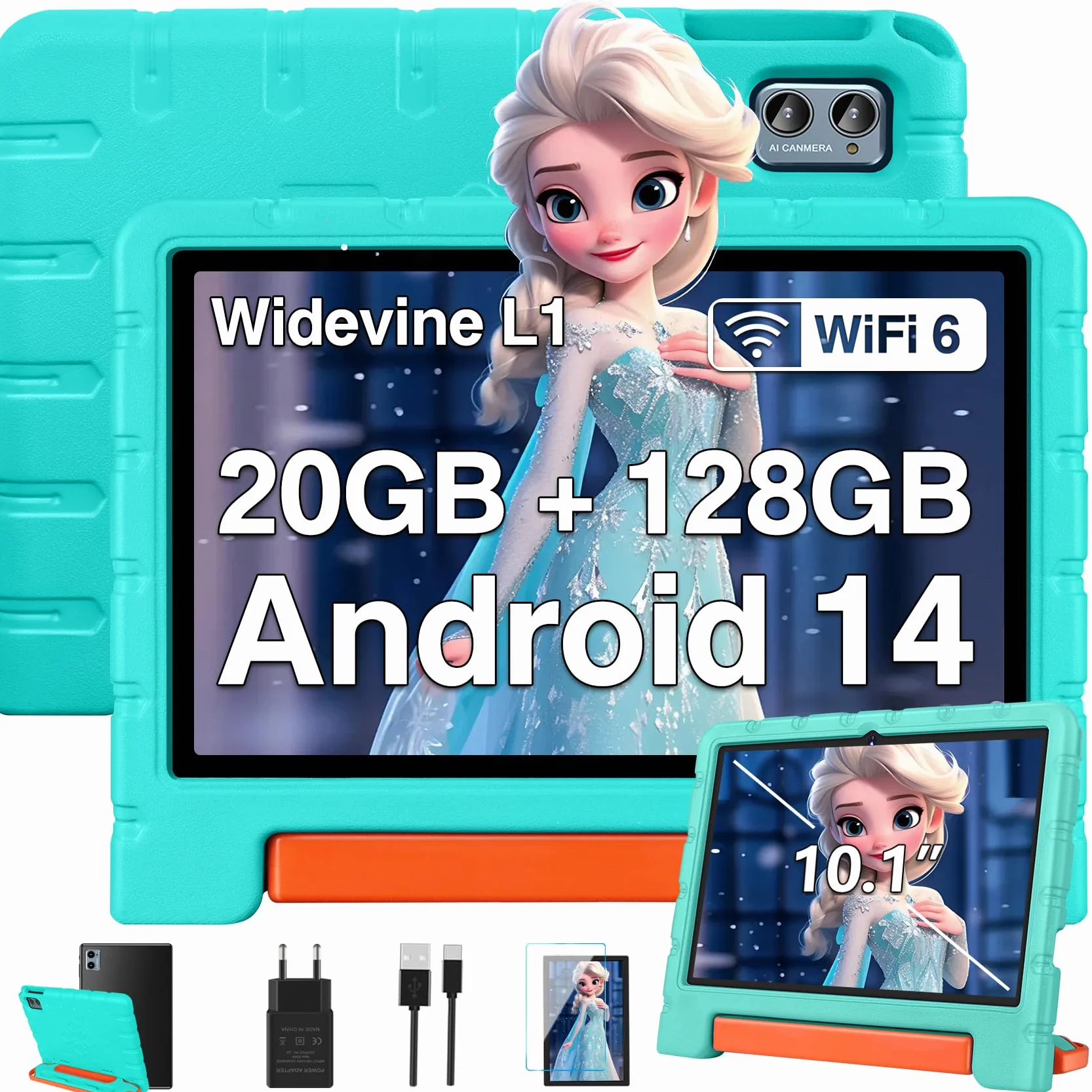ZIOVO Tablette Enfants 10 Pouces Android 14 Tablette,20Go RAM+128Go ROM(TF 1To),Widevine L1，WiFi 6 Tablette Tactile,Octa-cœur, 6000mAh | 5+8MP | BT 5.0 | Contrôle Parental Tablettes avec EVA Cas-Vert