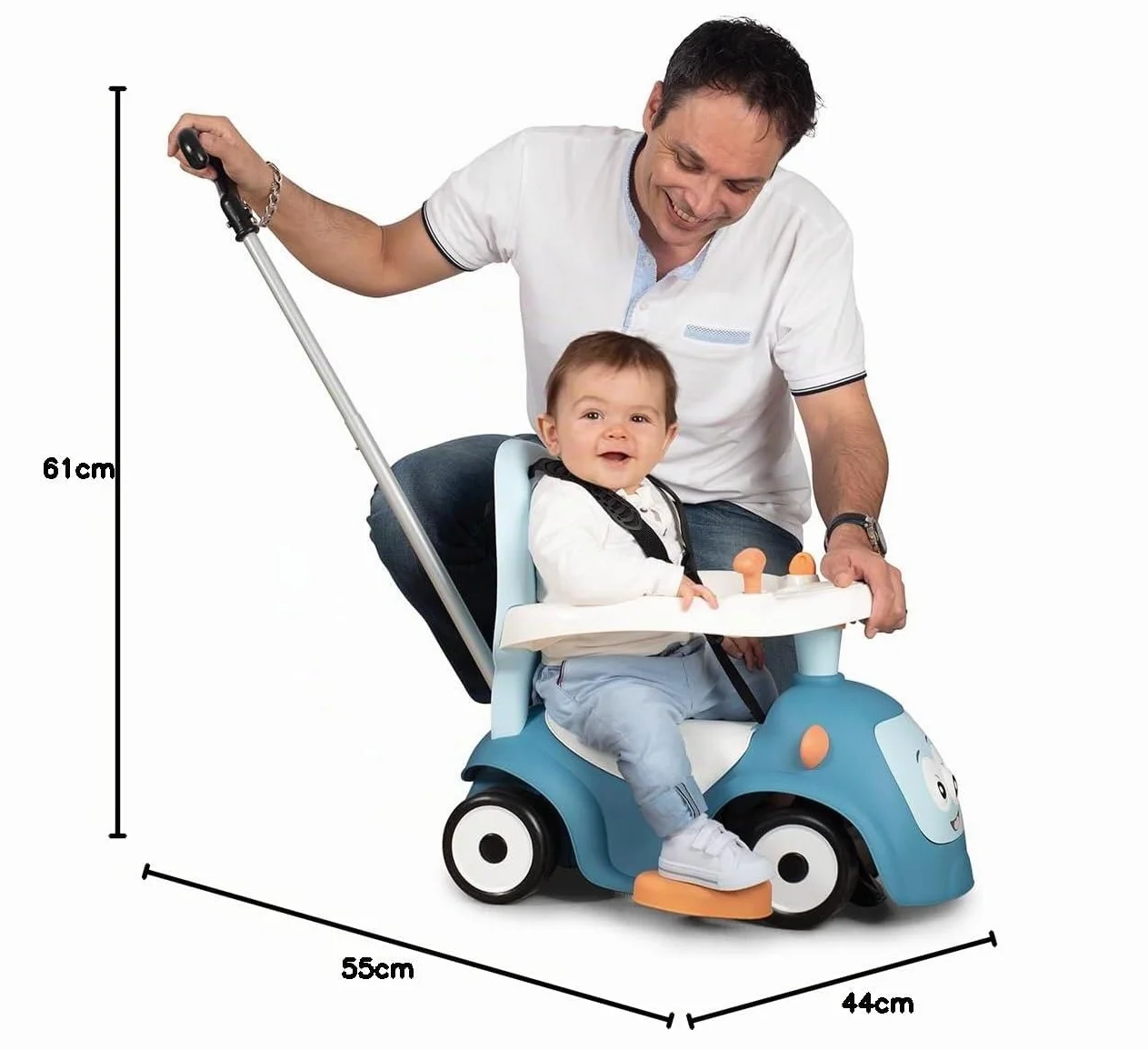 Smoby Porteur Maestro Balade Bleu 3 en 1 Evolutif Canne parentale Réglable Arceau Sécurité Roues Silencieuses Klaxon Electronique