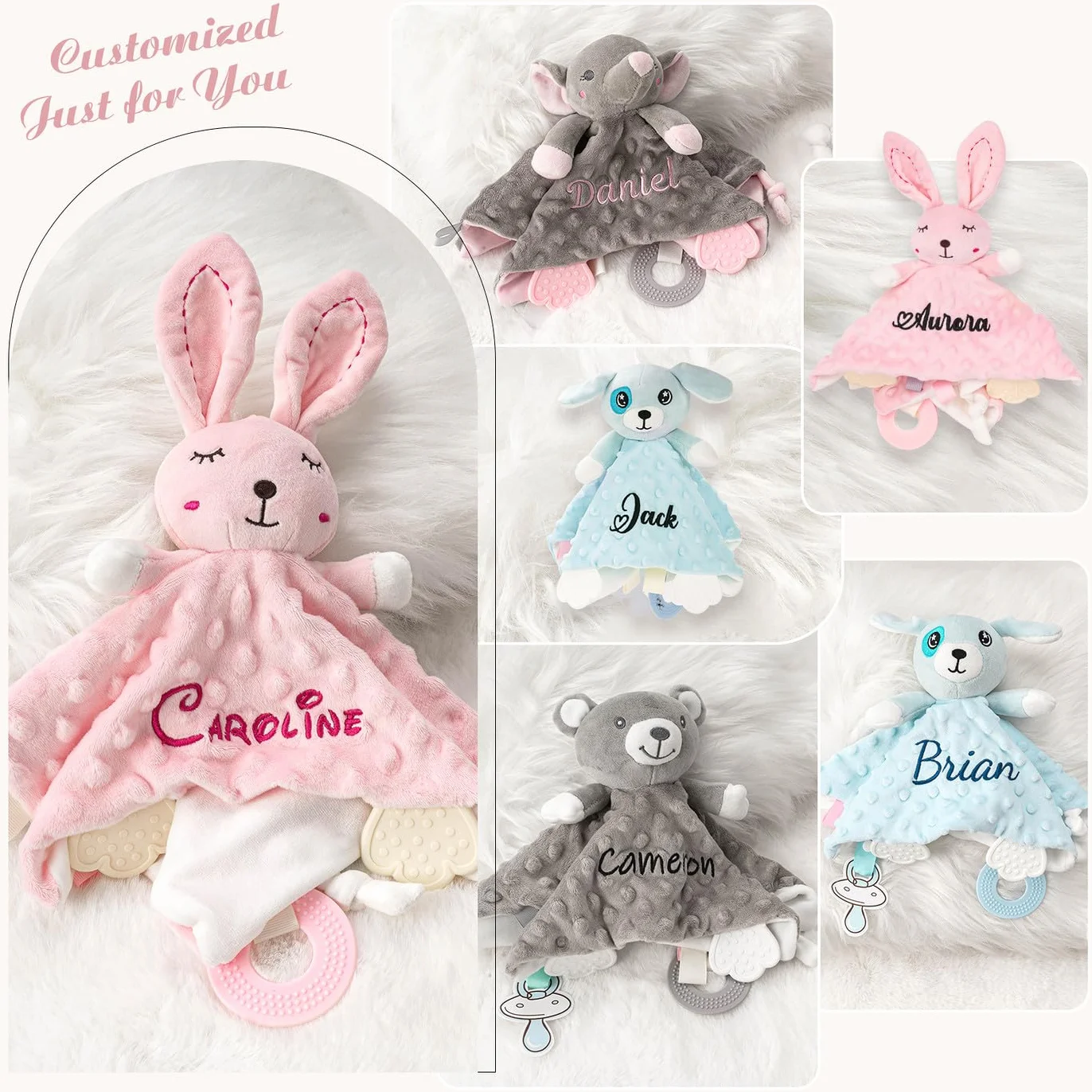 Serviette de Bébé Personnalisée avec Prénom, Couverture de Sécurité Lapin Rose, Cadeau Fille Garçon