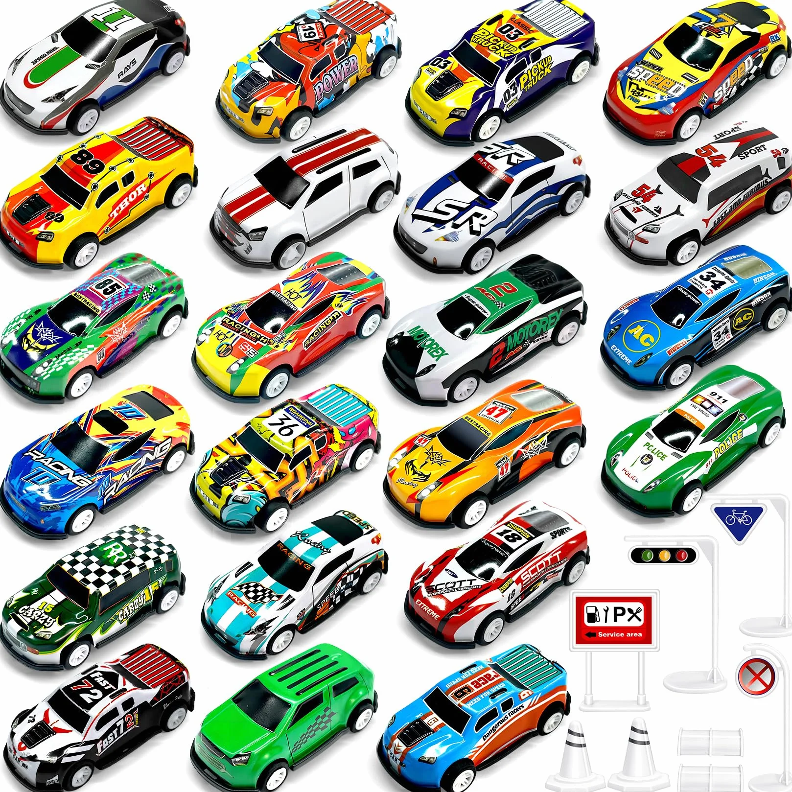 Coffret Petite Voiture Enfant, Lot Voiture Miniature en Metal 1/64, 22 Voitures Jouets avec 8 Barrage Routier, Voiture à Friction pour Enfants 3-8 Ans