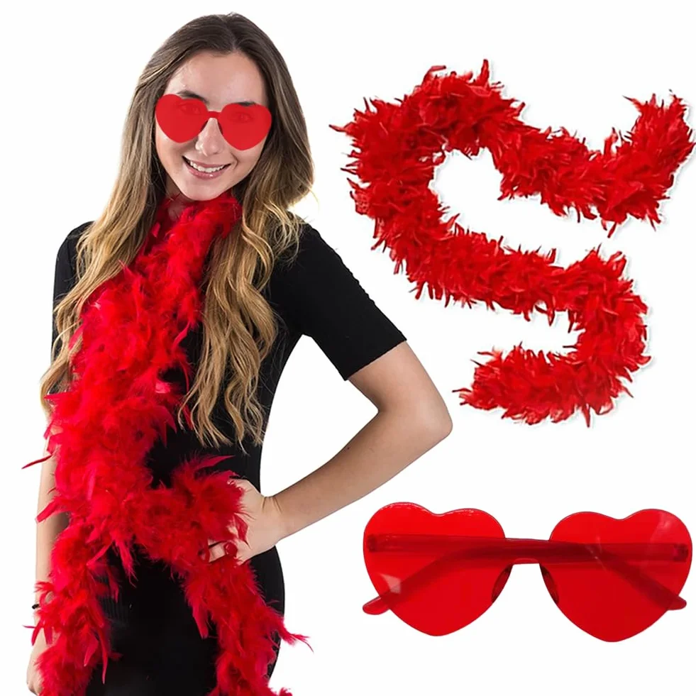 Accessoires De Fête Boa En Plumes Colorées Et Lunettes De Soleil 2 Pièces Rouge Mariage Déguisement