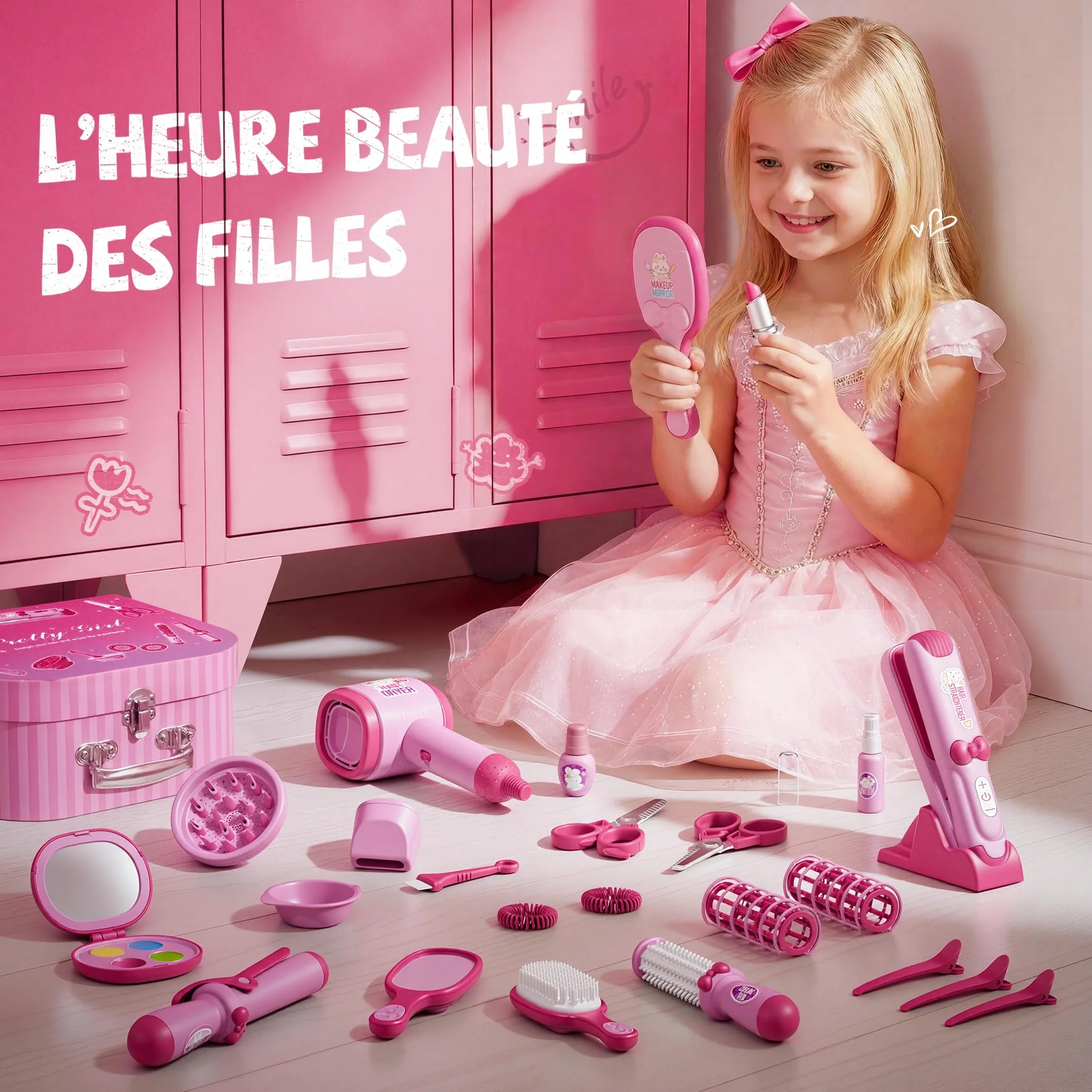 Kit de Salon de Coiffure pour Filles, 28 Pièces Jouets avec Son et Lumières, Jeu de Rôle 3-8 Ans
