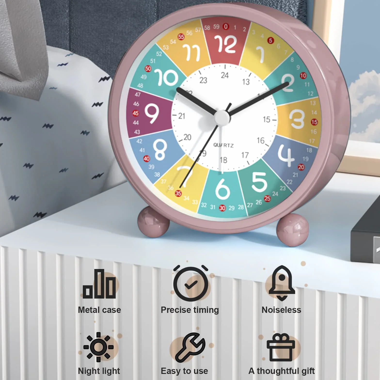 Réveil analogique enfant sans tic-tac éducatif horloge quartz alarme puissante veilleuse piles rose