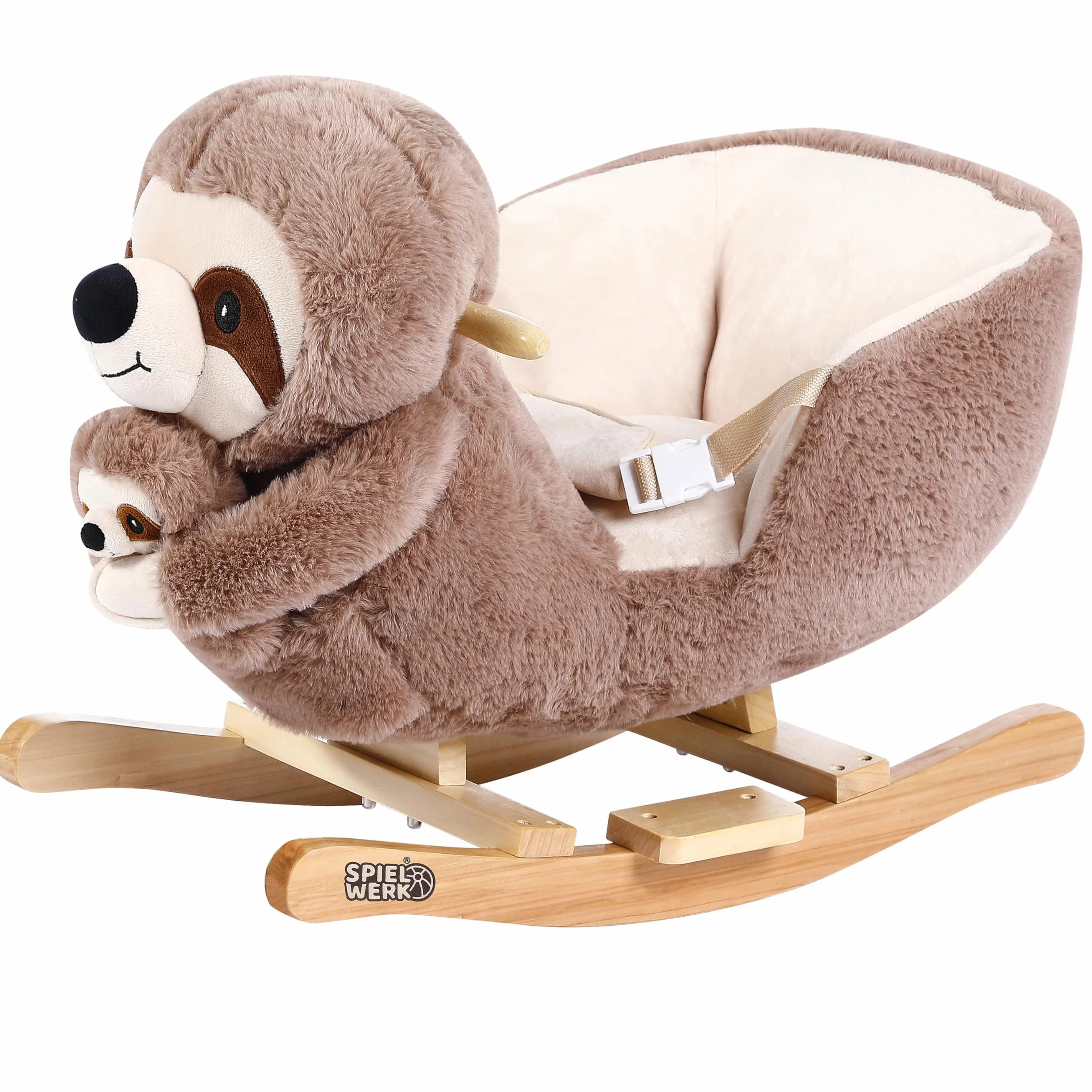 SPIELWERK® Paresseux à Bascule Animal en Peluche avec Ceinture Sécurité et Fonction Sonore