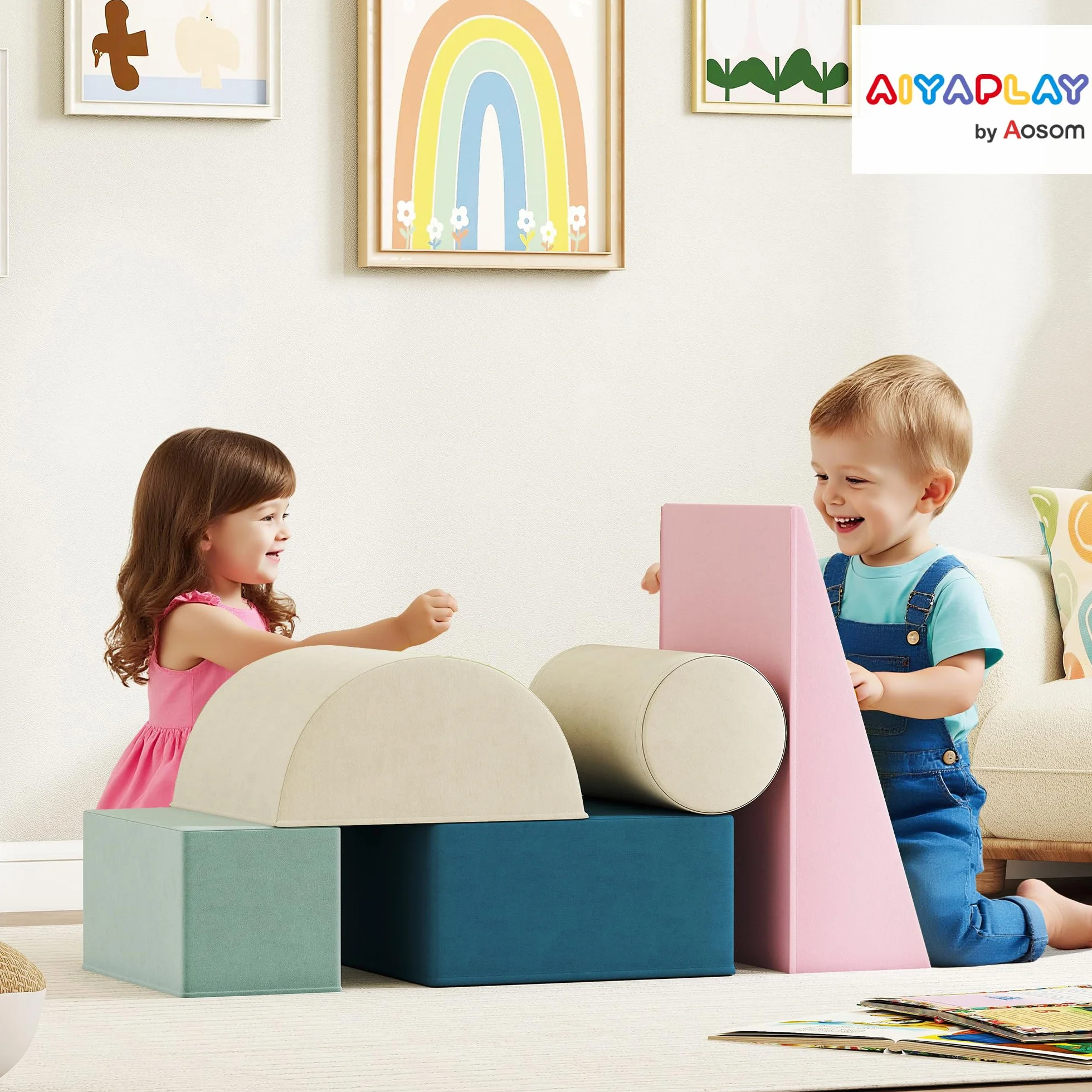 AIYAPLAY Parcours motricité bébé modulable, Jouet d'escalade, Blocs Mousse éducatifs 5 pièces, Housse Lavable en Velours, Multicolore
