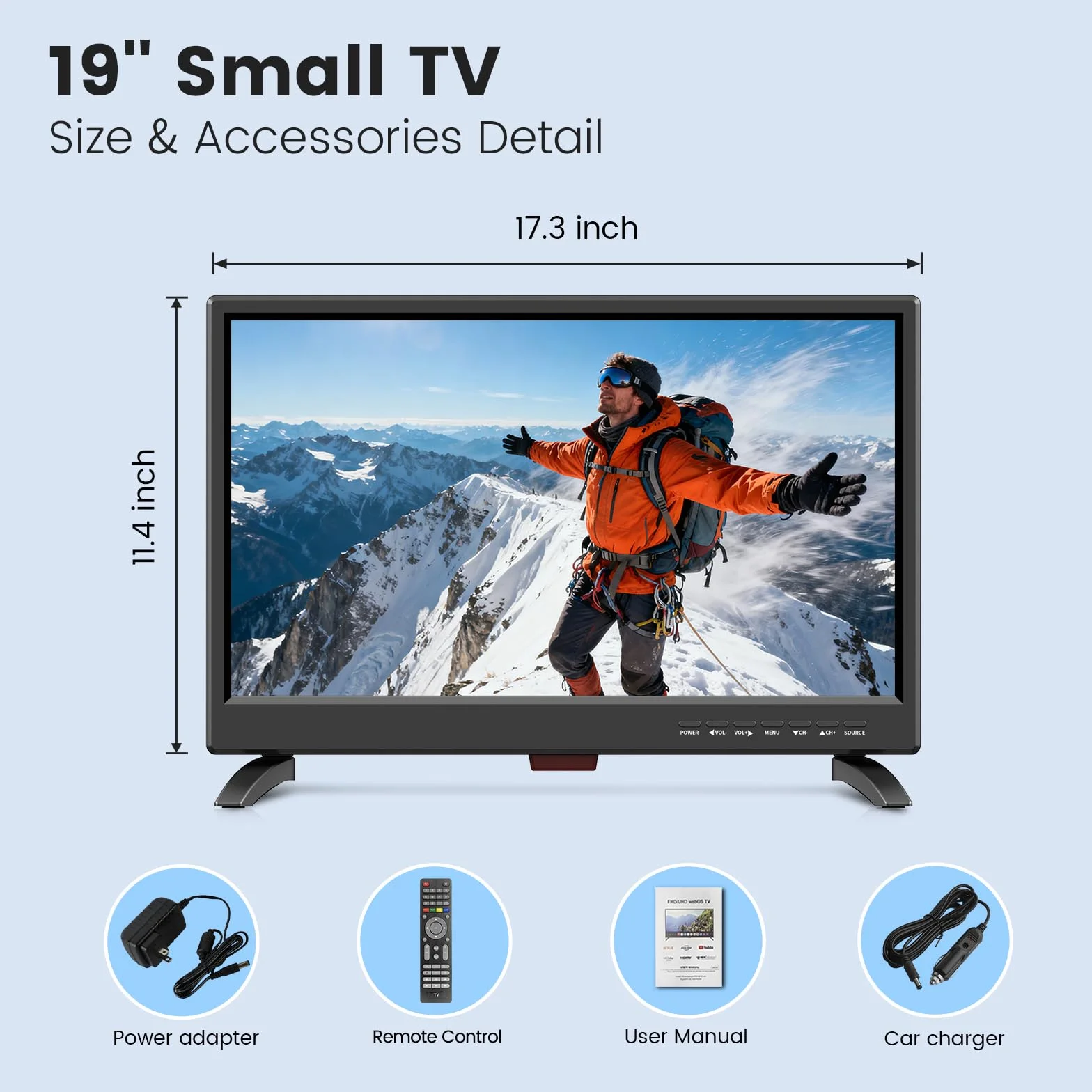 TV 19 Pouces 45cm Full HD 1080P LED Récepteur Numérique T2 H.256 DTT Freeview 12V HDMI USB RCA VGA