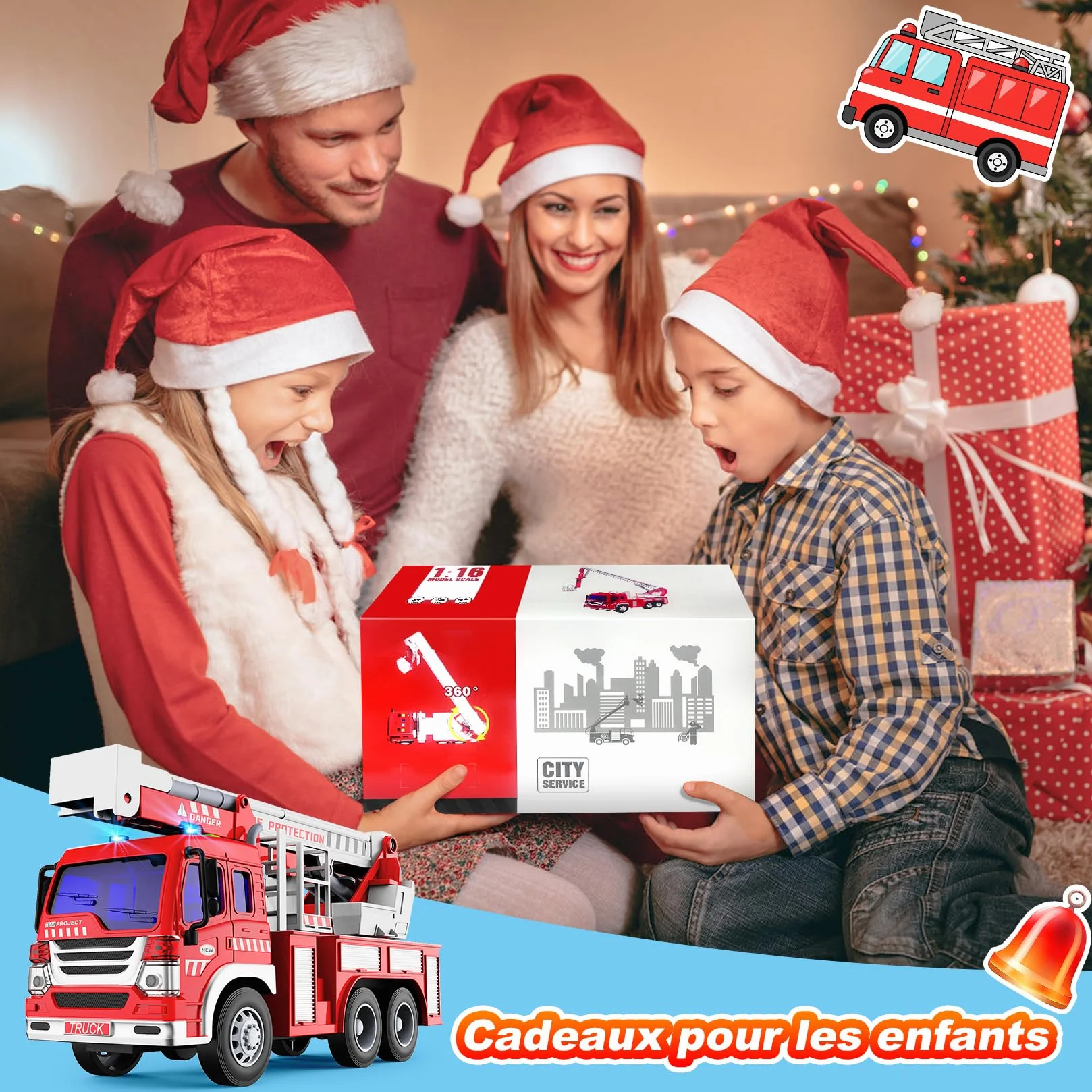 Gros Camion de Pompier XXL avec Échelle Sonore et Lumineux, Maquette Camions Jouet Cadeau Enfant 3-8 Ans Rouge