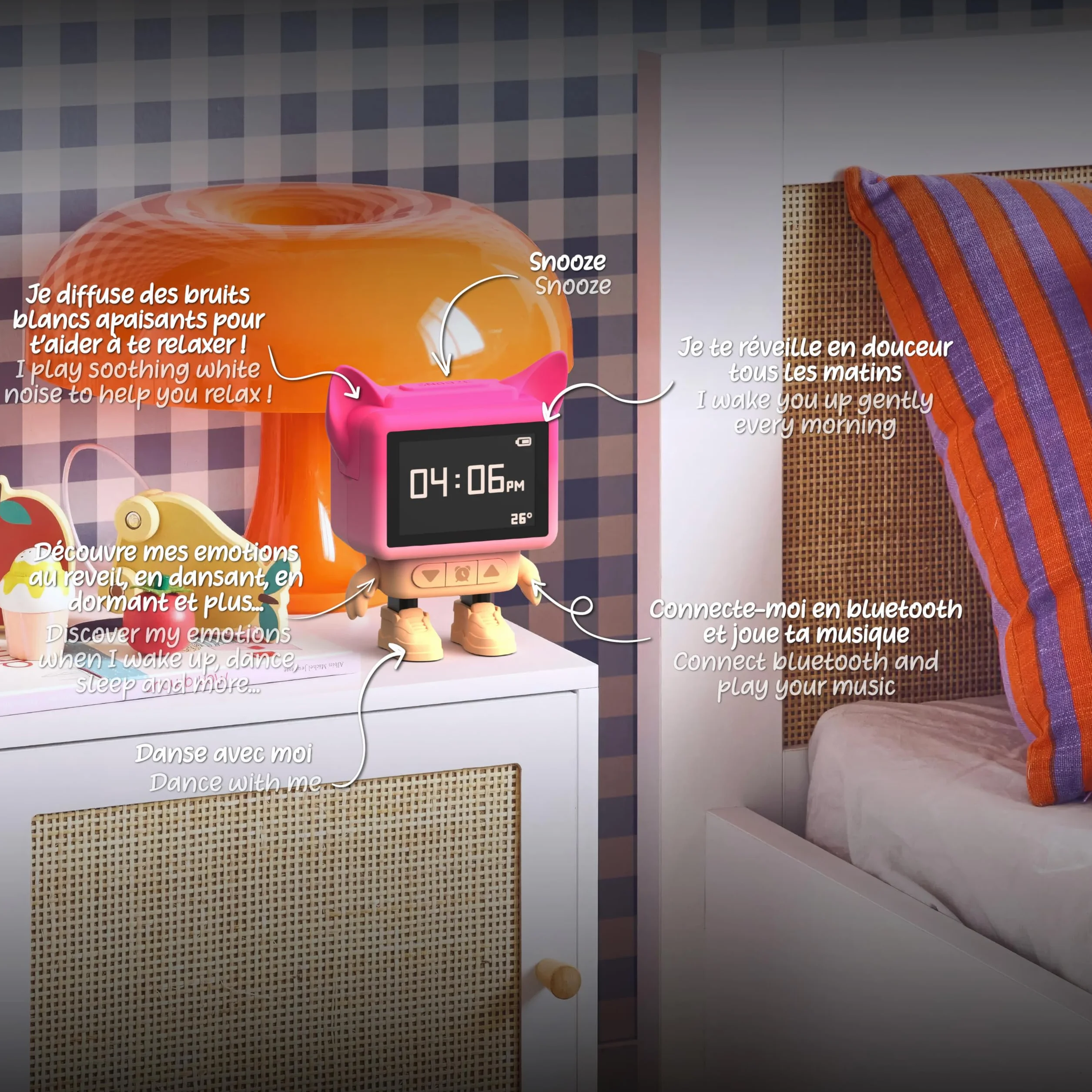 Mob Réveil Enceinte Bluetooth Enfant Dancing Clock avec Écran LCD Émotionnel et Diffuseur Bruits Blancs