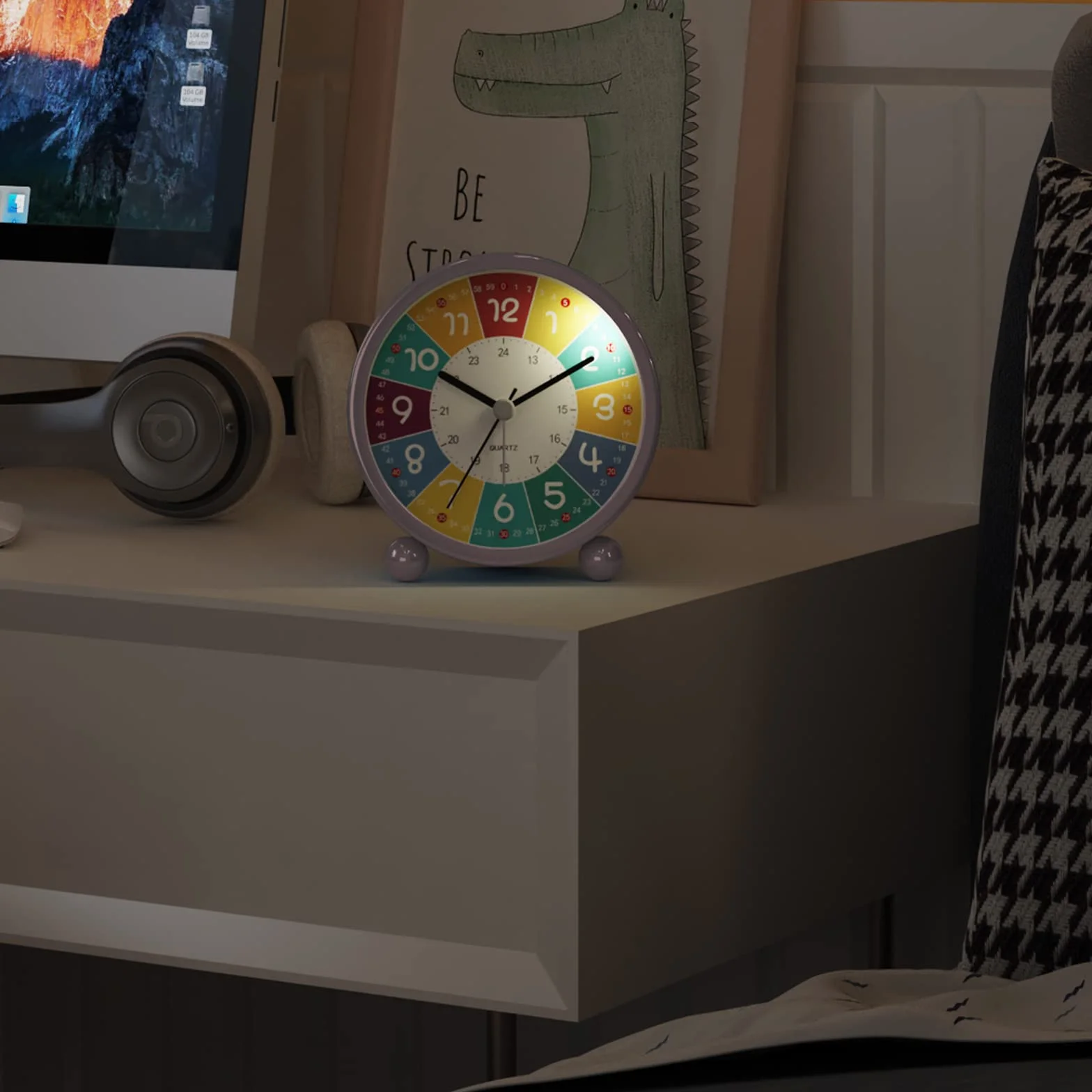 Réveil analogique enfant sans tic-tac éducatif horloge quartz alarme puissante veilleuse piles rose