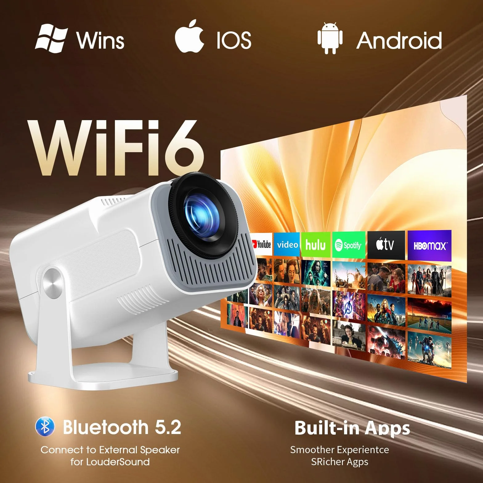 Vidéoprojecteur 1920x1080P FHD 4K Mini Projecteur Portable WiFi 6 BT5.2 Auto Keystone 180° Rotation Blanc