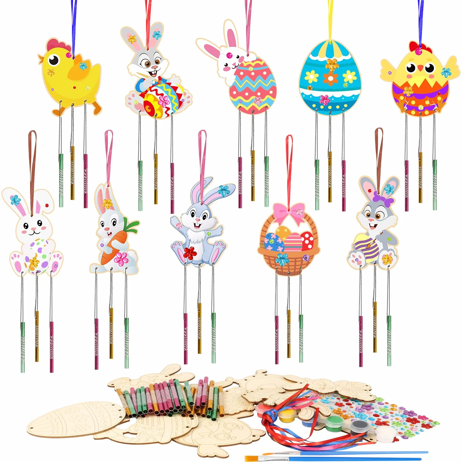 HONMOK Carillon Vent Lapin Poussin Oeuf Panier Gravé en Bois avec Pinceaux Peinture pour Enfants Loisirs Créatifs Pâques DIY