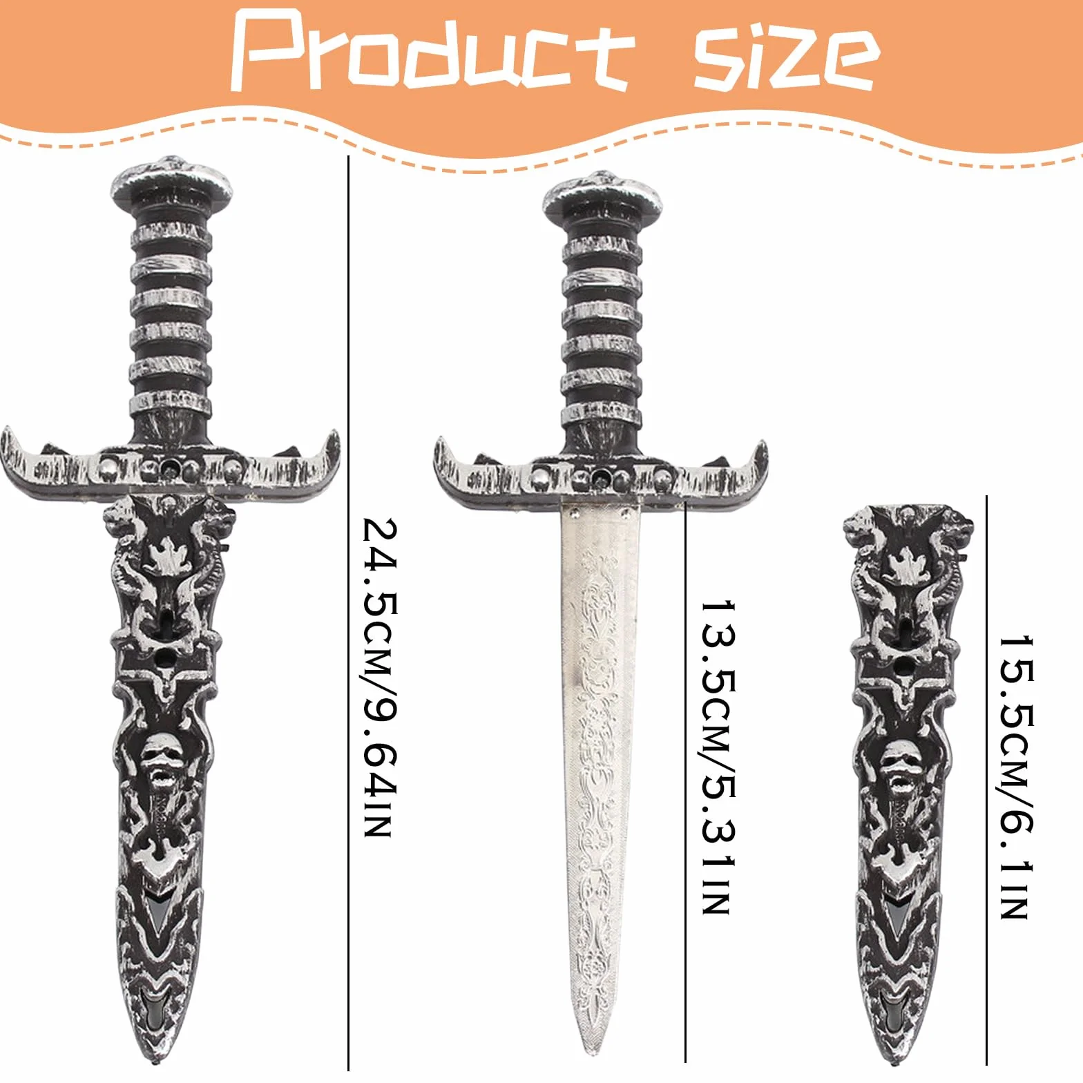 HORREX Faux Couteau en Plastique, Epee Court de Pirate, Dague en Argent Style Antique pour Halloween