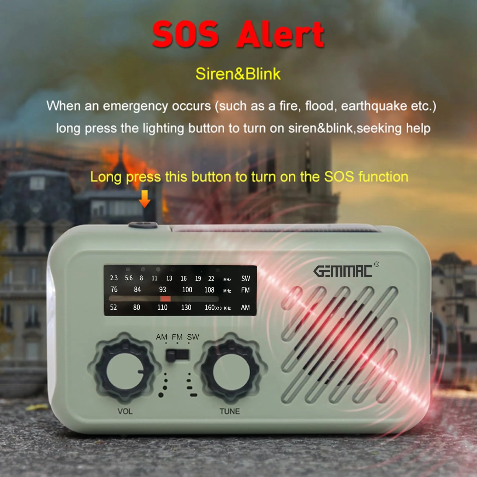 Radio d'urgence Multifonction 3 en 1 GEMMAC Recharge Solaire Dynamo Manivelle USB Batterie 2000mAh Powerbank Lampe Torche Lecture LED Alarme SOS Radio AM FM Camping Randonnée Survie