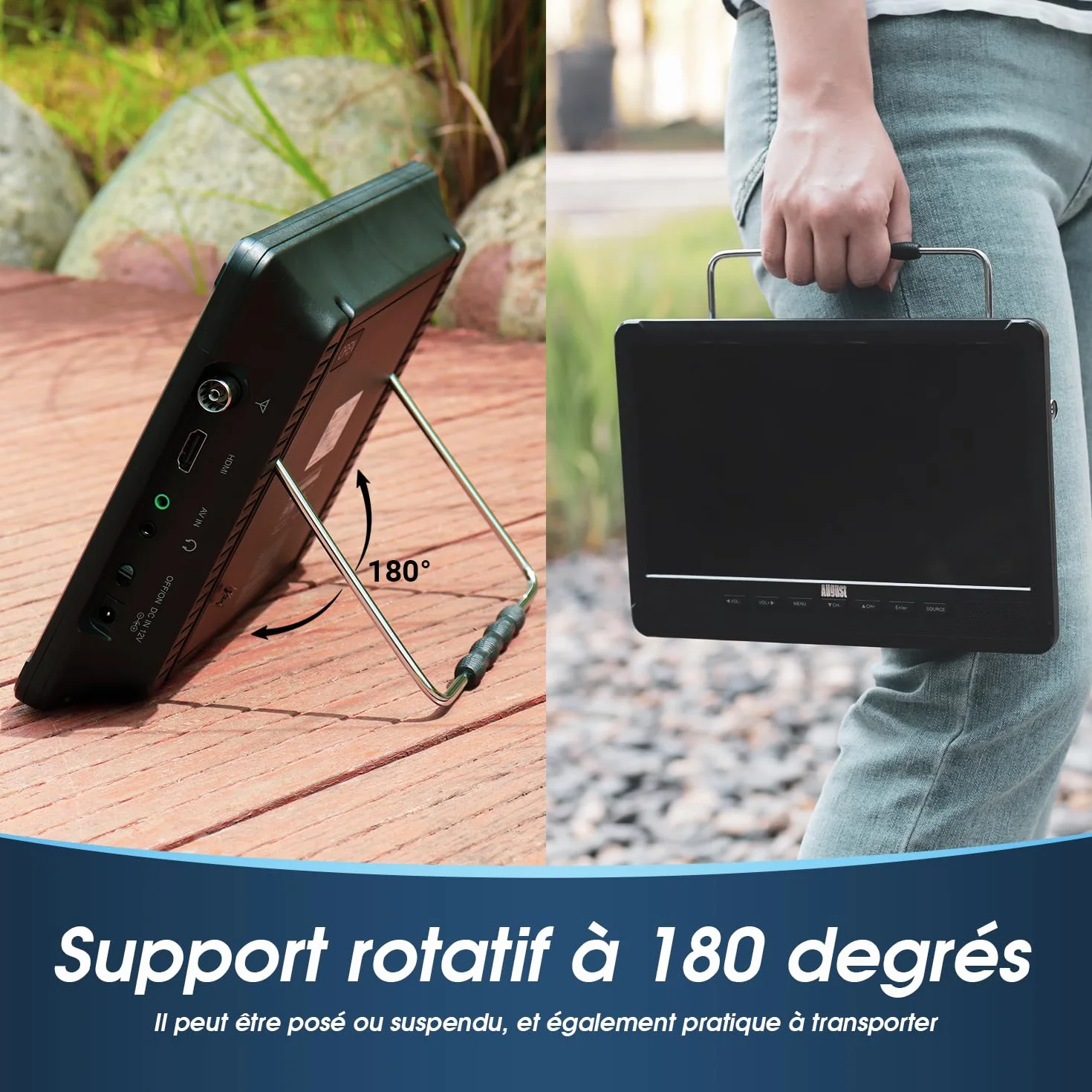 August DA383 TV Portable 10" avec Lecteur DVD Intégré, Enregistrement TV TNT HD DVB-T2, Batterie Rechargeable, CD/DVD/USB/SD, HDMI, AV