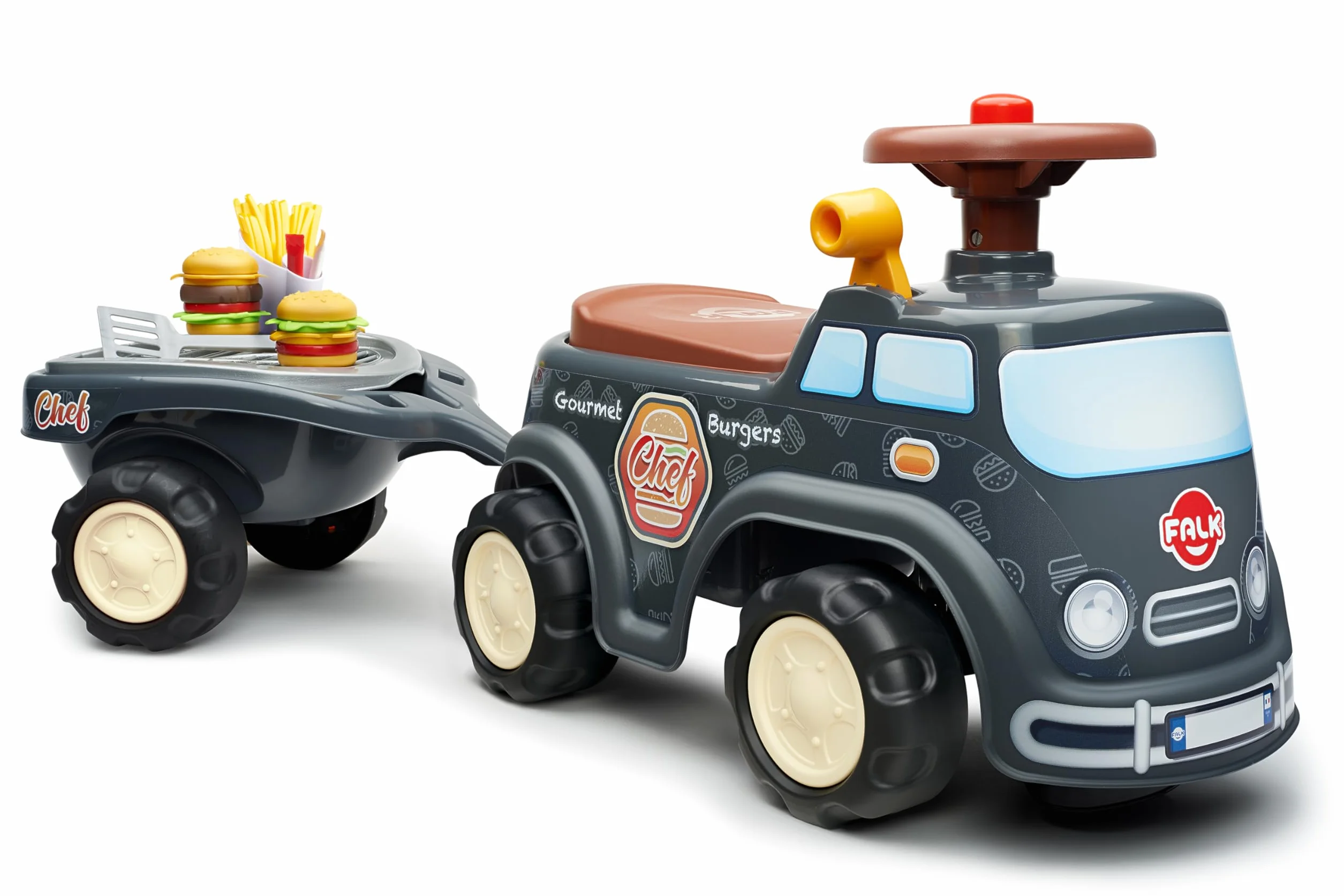Falk Porteur Food Truck Gourmet Burger Gris 707C Volant directionnel avec klaxon Levier à Effet sonore Coffre de Rangement Remorque BBQ Accessoires