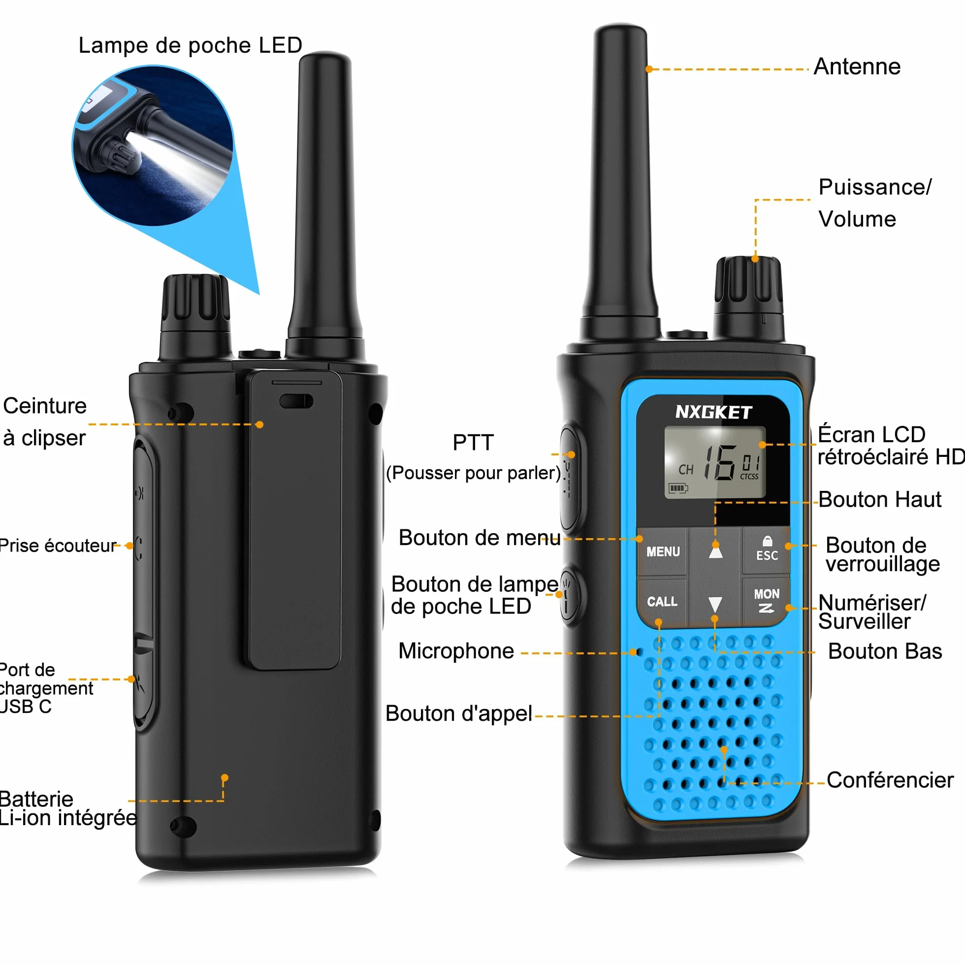 Talkie Walkie Enfants Adultes Longue Portée 5km 16 Canaux Batterie Li-ION Intégrée