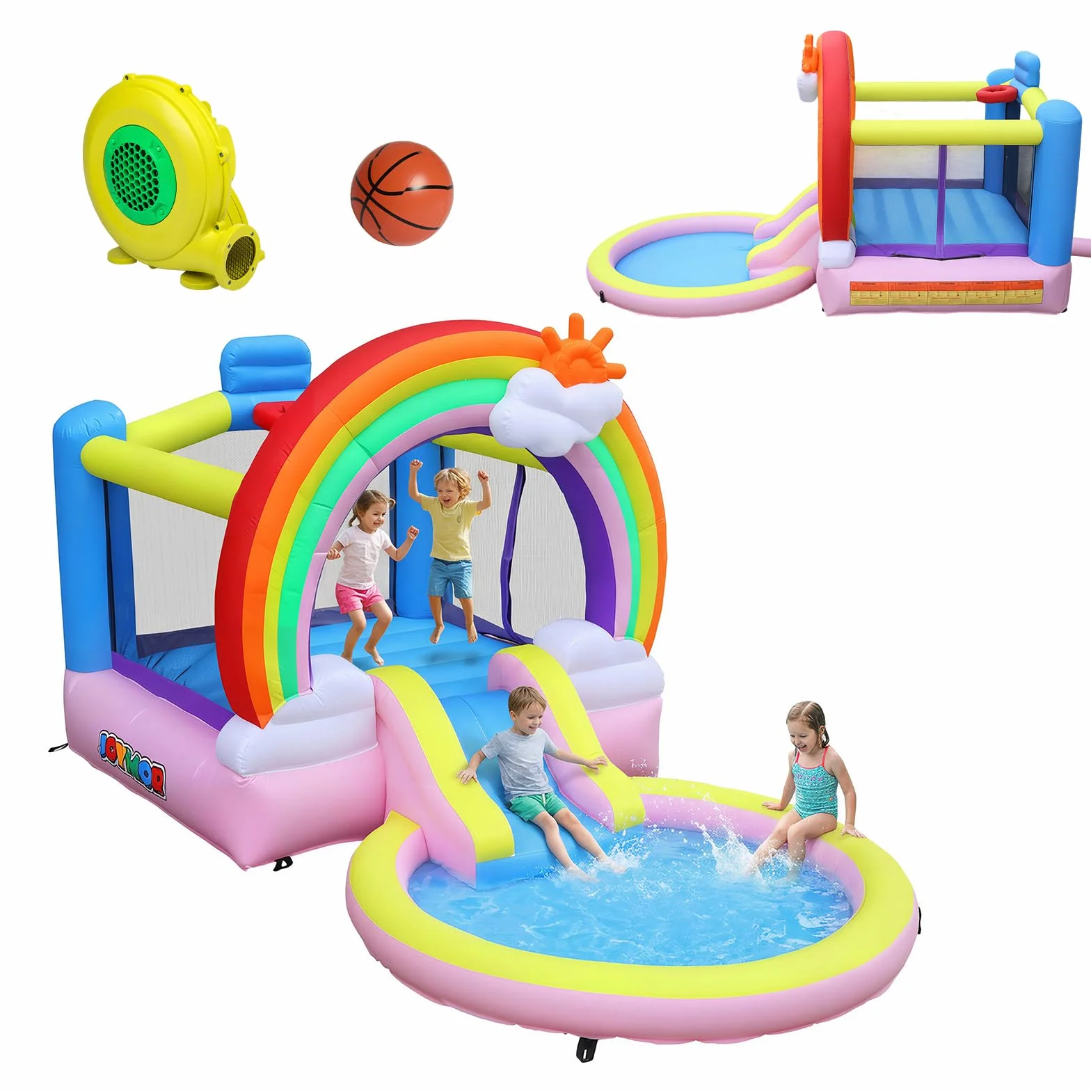Bonnlo Chateau Gonflable avec Piscine à Balles, Toboggan Aquatique et Trampoline pour Enfant, Thème Arc-en-Ciel