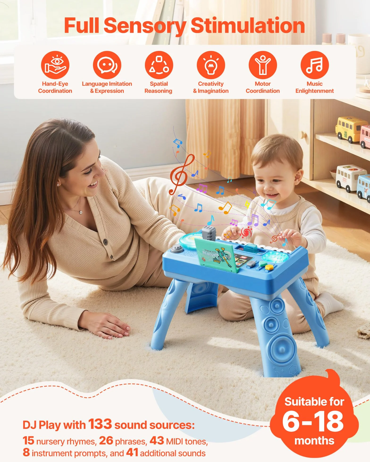 VEVOR Table Activité Bébé 6 Mois et Plus 16 Jeux Jouet Musical Éducatif avec Platine DJ Enregistrement et LED, 133 Sons